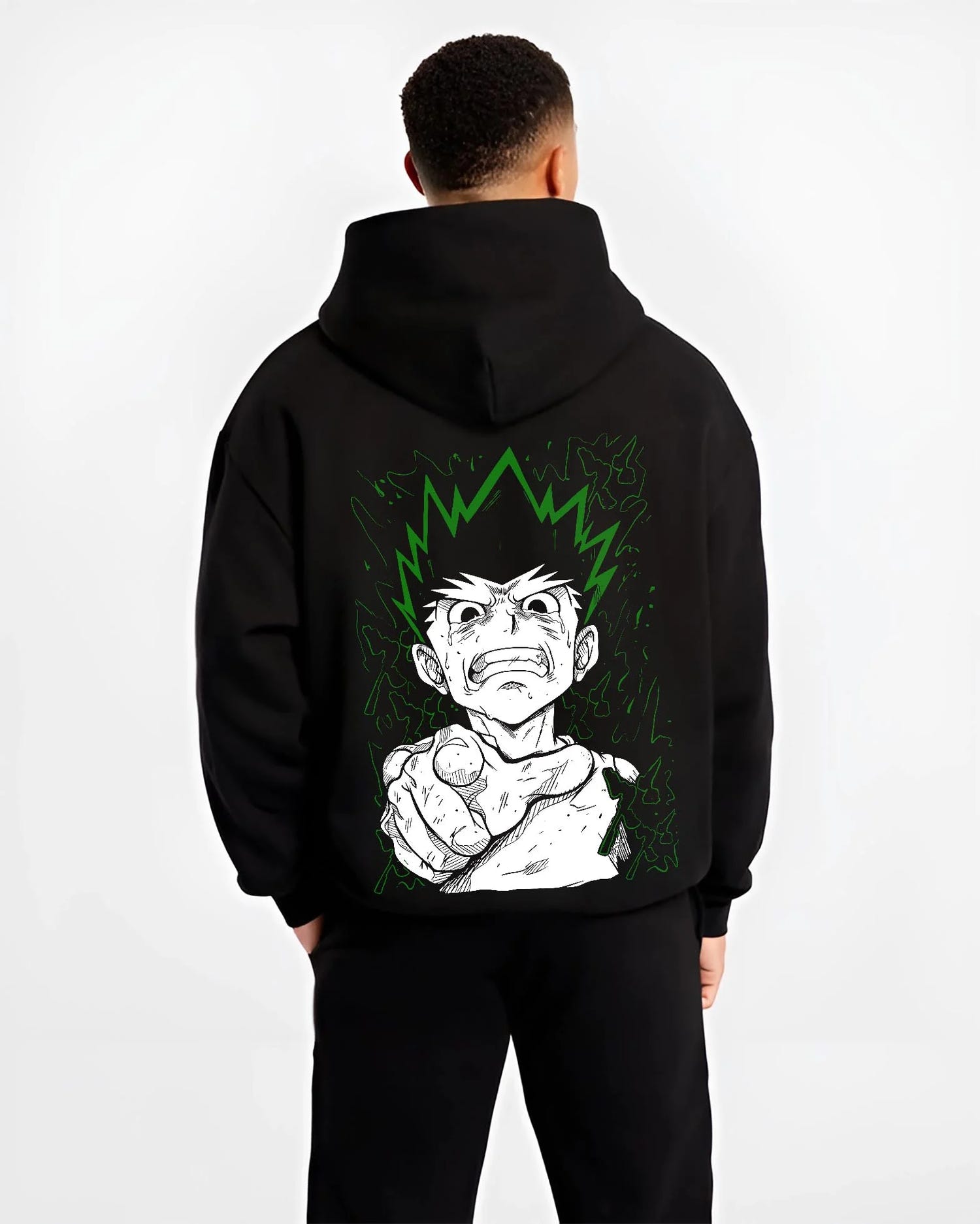 Black hoodie worn by male model, back view with Hunter x Hunter Hoodie Gon Freecss Strength Jumper graphic streetwear graphic.