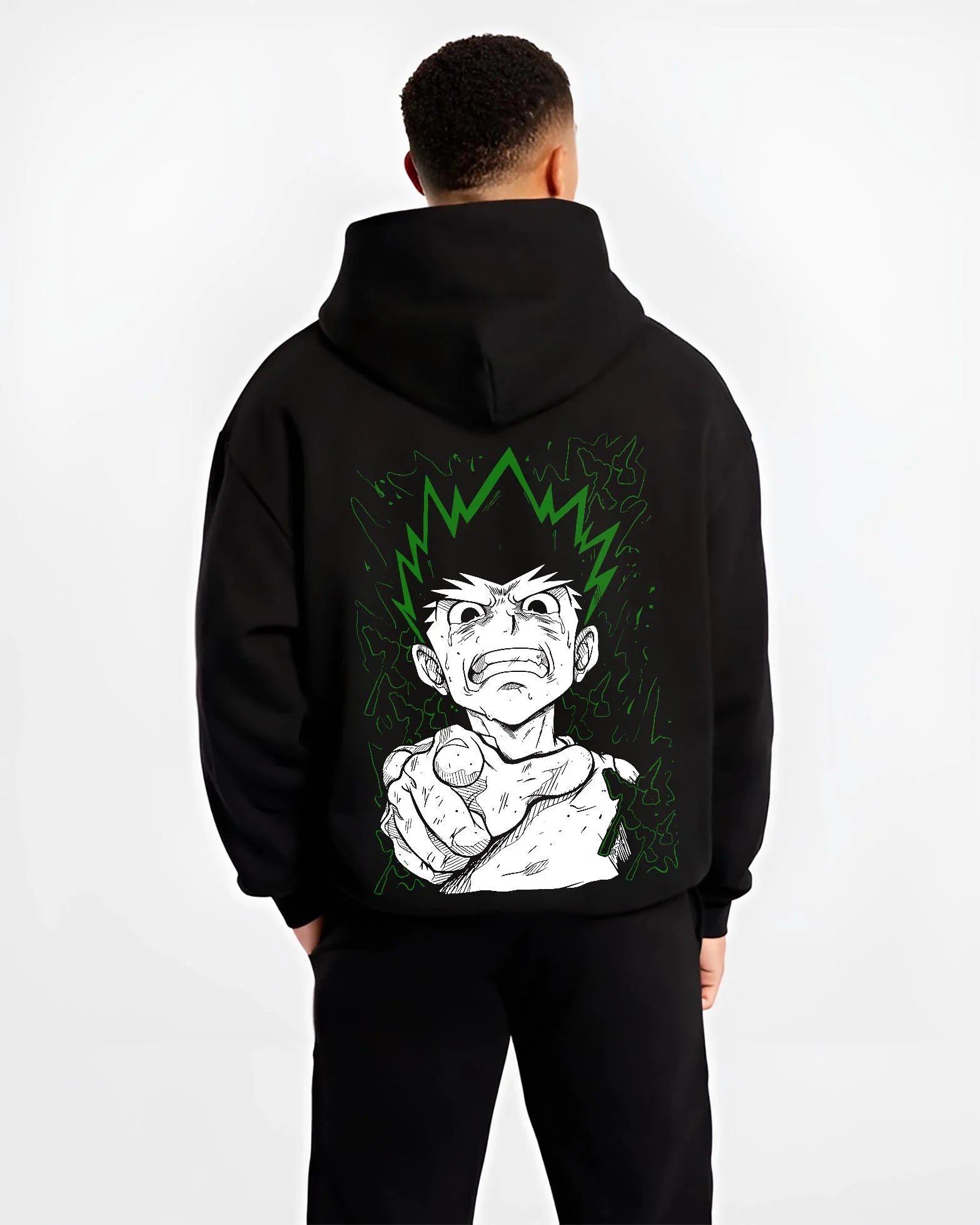 Black hoodie worn by male model, back view with Hunter x Hunter Hoodie Gon Freecss Strength Jumper graphic streetwear graphic.