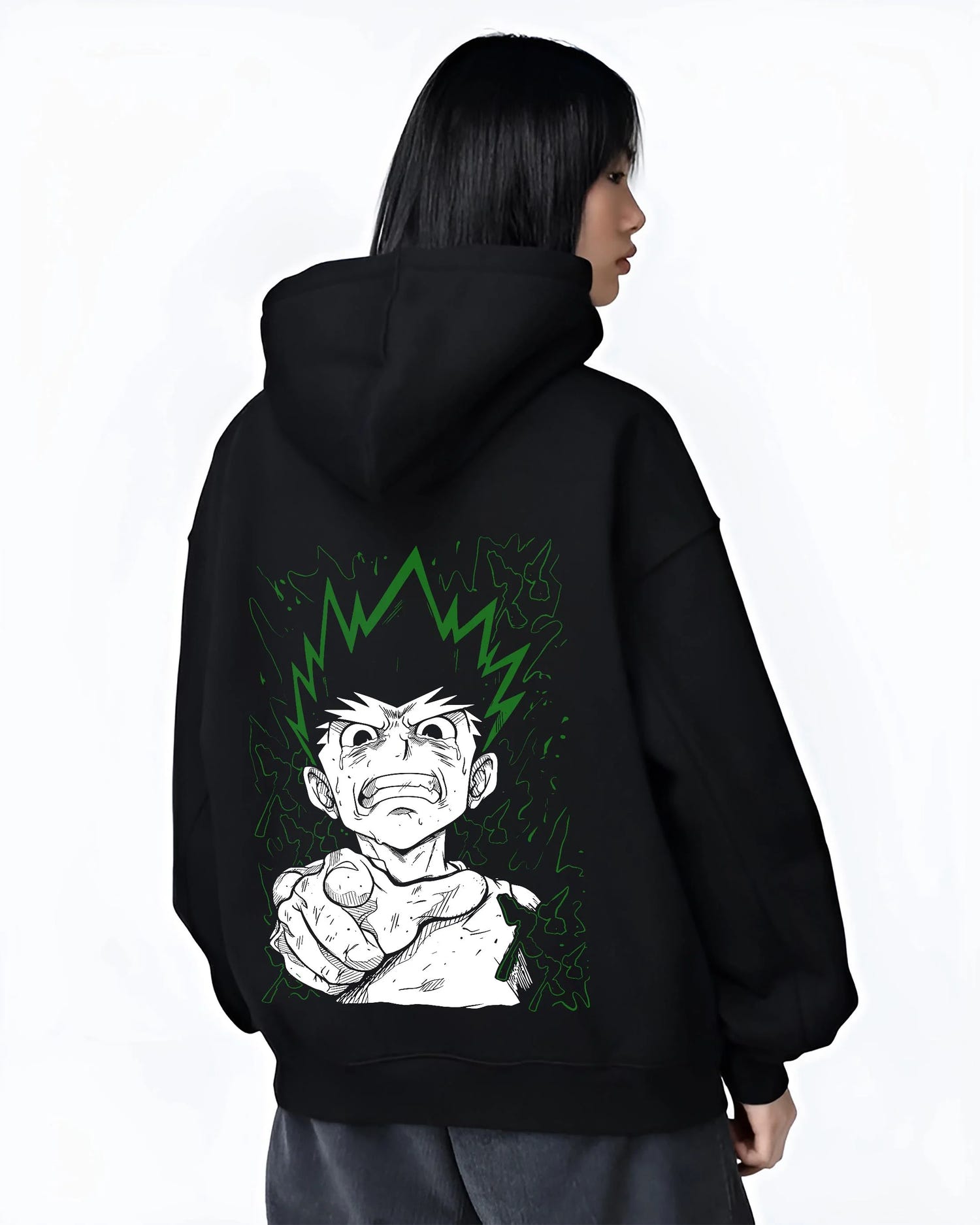 Black hoodie worn by female model, back view with Hunter x Hunter Hoodie Gon Freecss Strength Jumper graphic premium wear.
