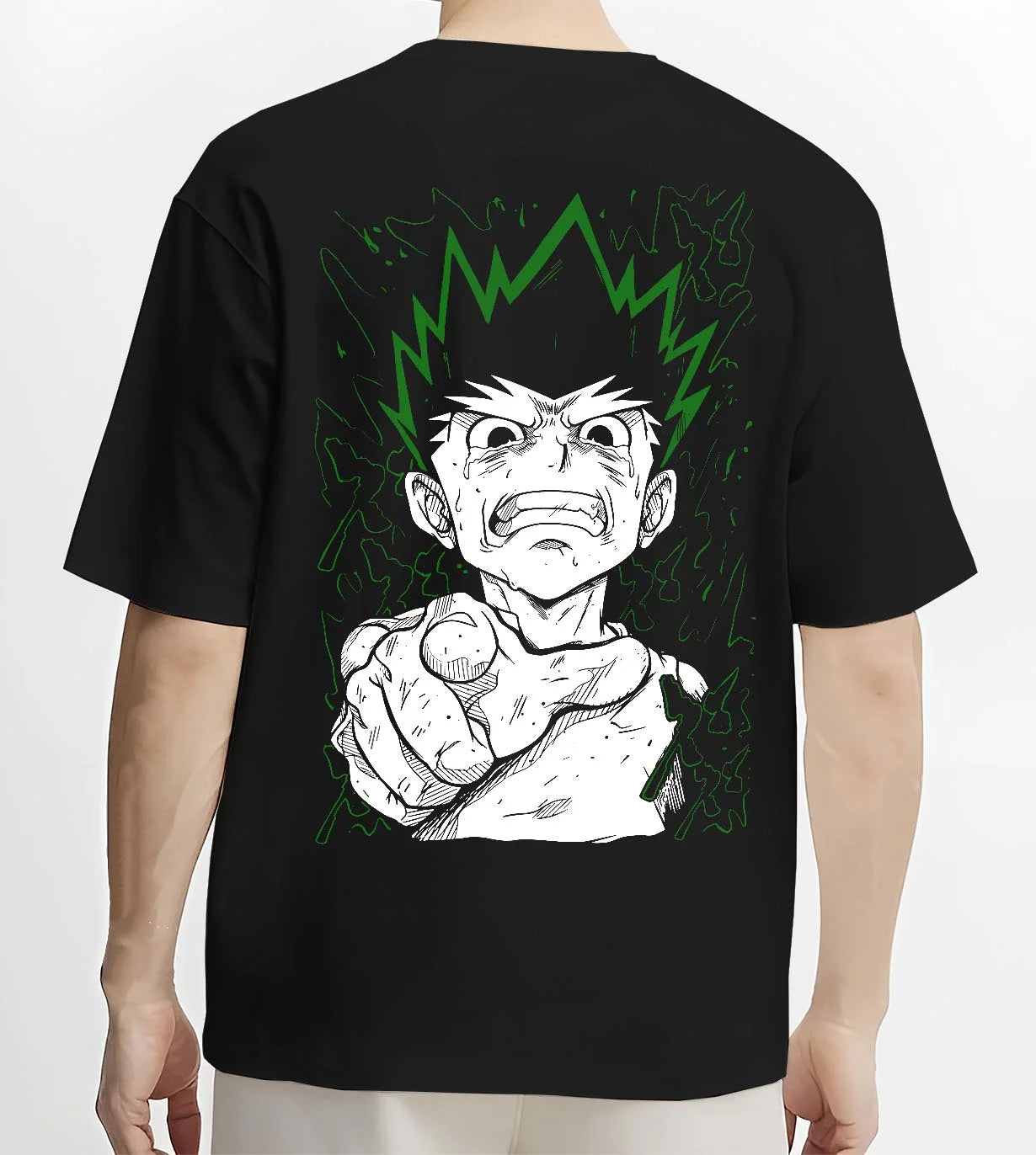 Black T-shirt worn by male model, back view with Hunter x Hunter Hoodie Gon Freecss Strength Jumper graphic premium wear.