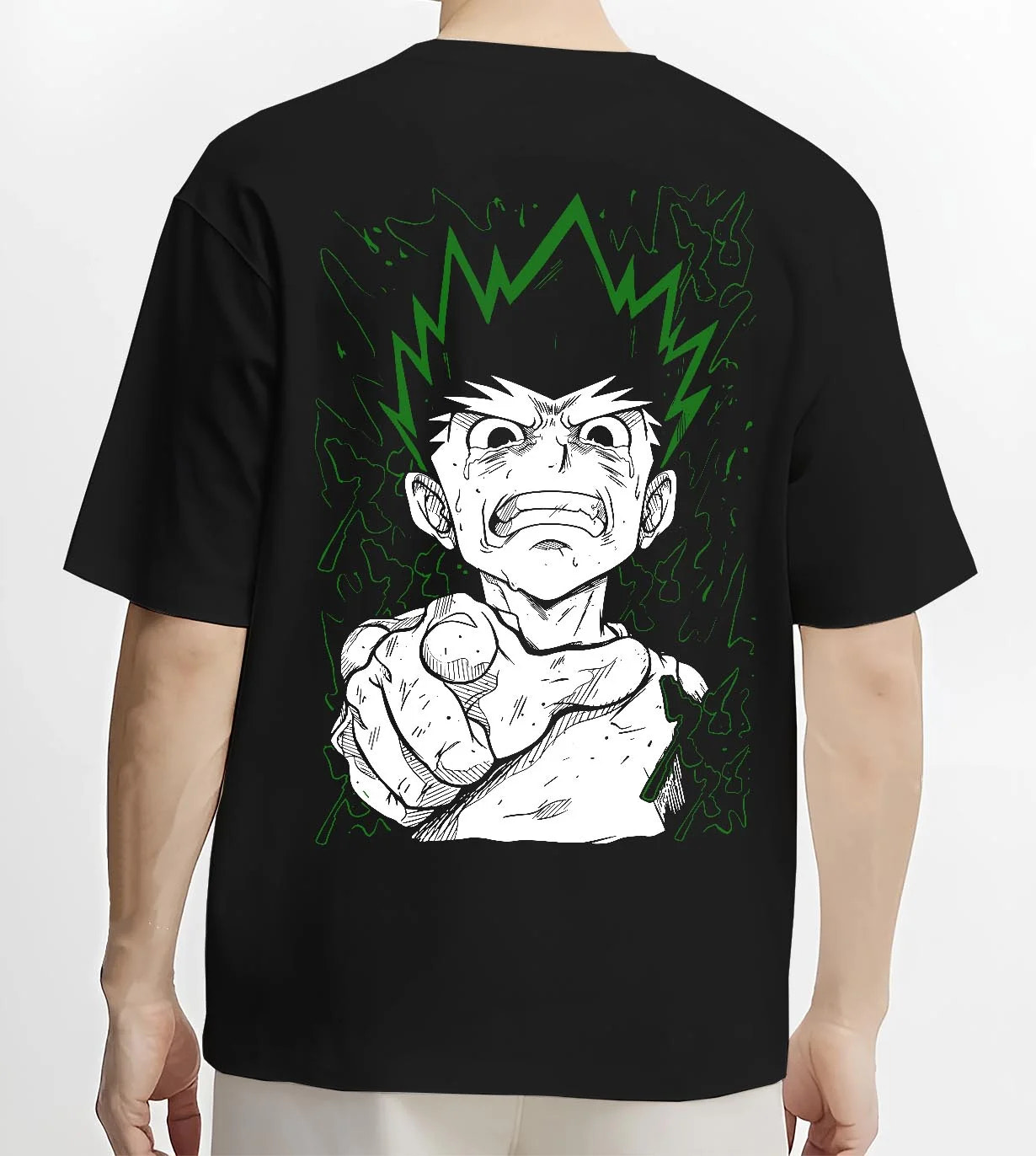 Black T-shirt worn by male model, back view with Hunter x Hunter Hoodie Gon Freecss Strength Jumper graphic premium wear.