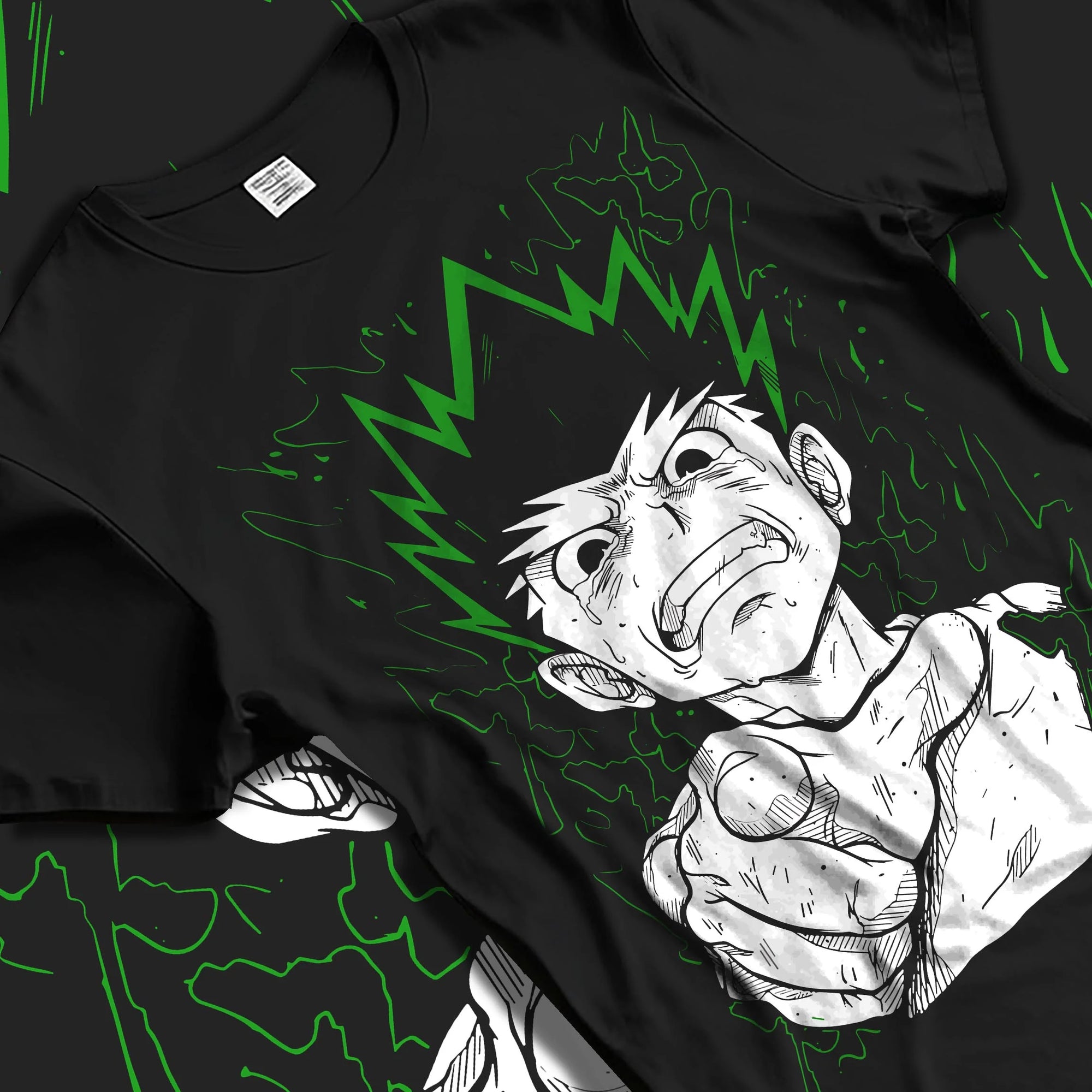 Black T-shirt laid flat with natural folds with Hunter x Hunter Hoodie Gon Freecss Strength Jumper graphic premium wear.