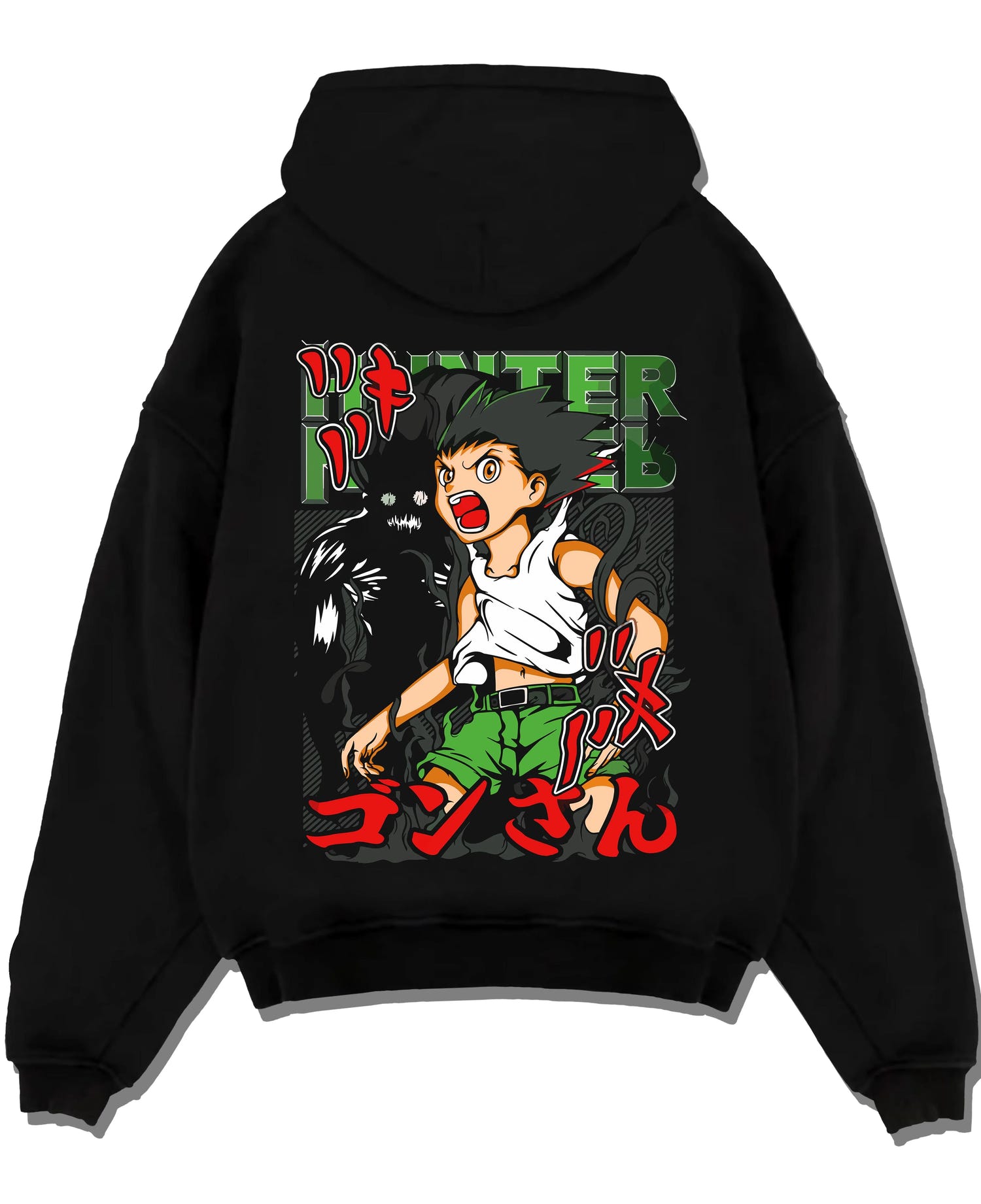 Black pullover hoodie laid flat with Hunter x Hunter Hoodie Gon Freecss Power Jumper graphic premium wear.