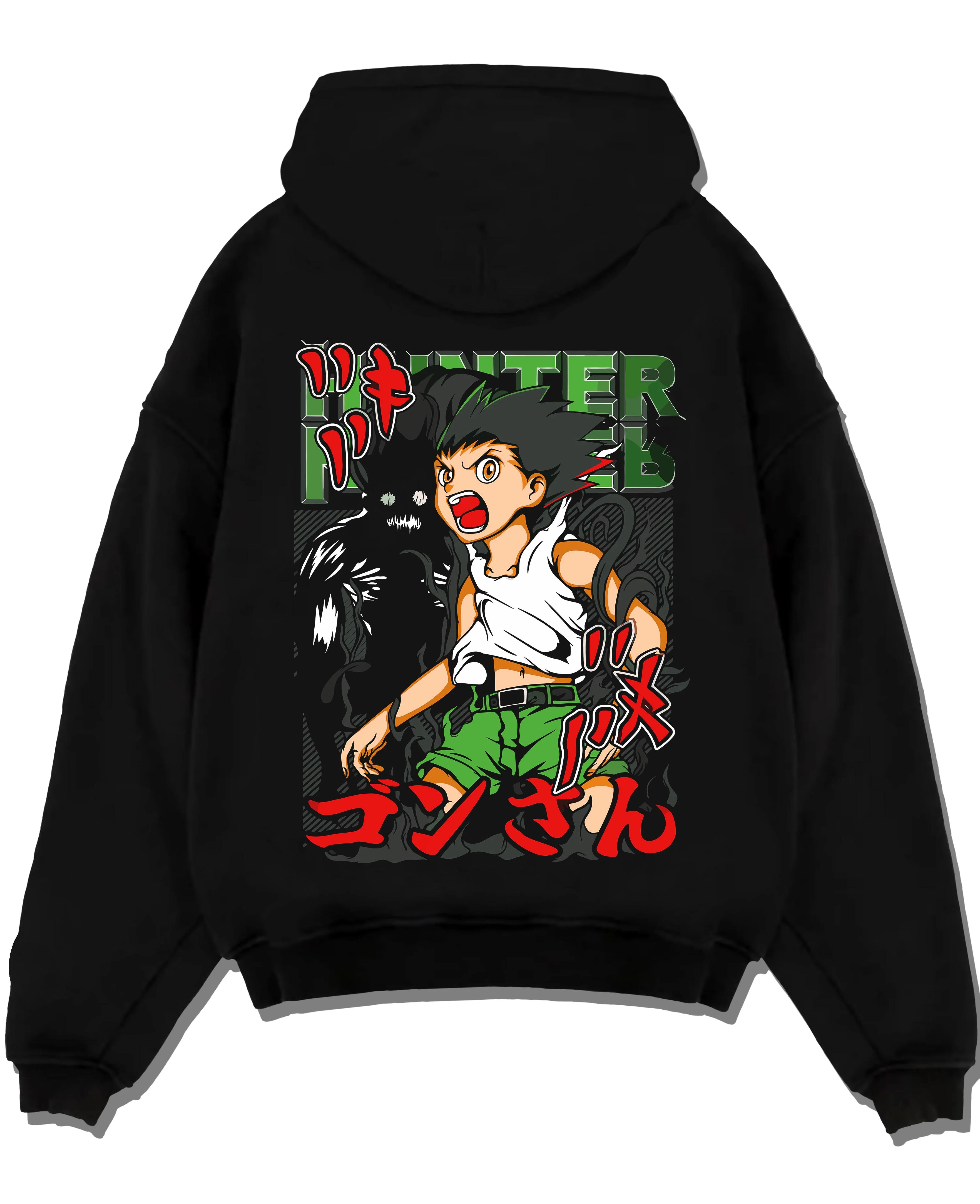 Black pullover hoodie laid flat with Hunter x Hunter Hoodie Gon Freecss Power Jumper graphic premium wear.