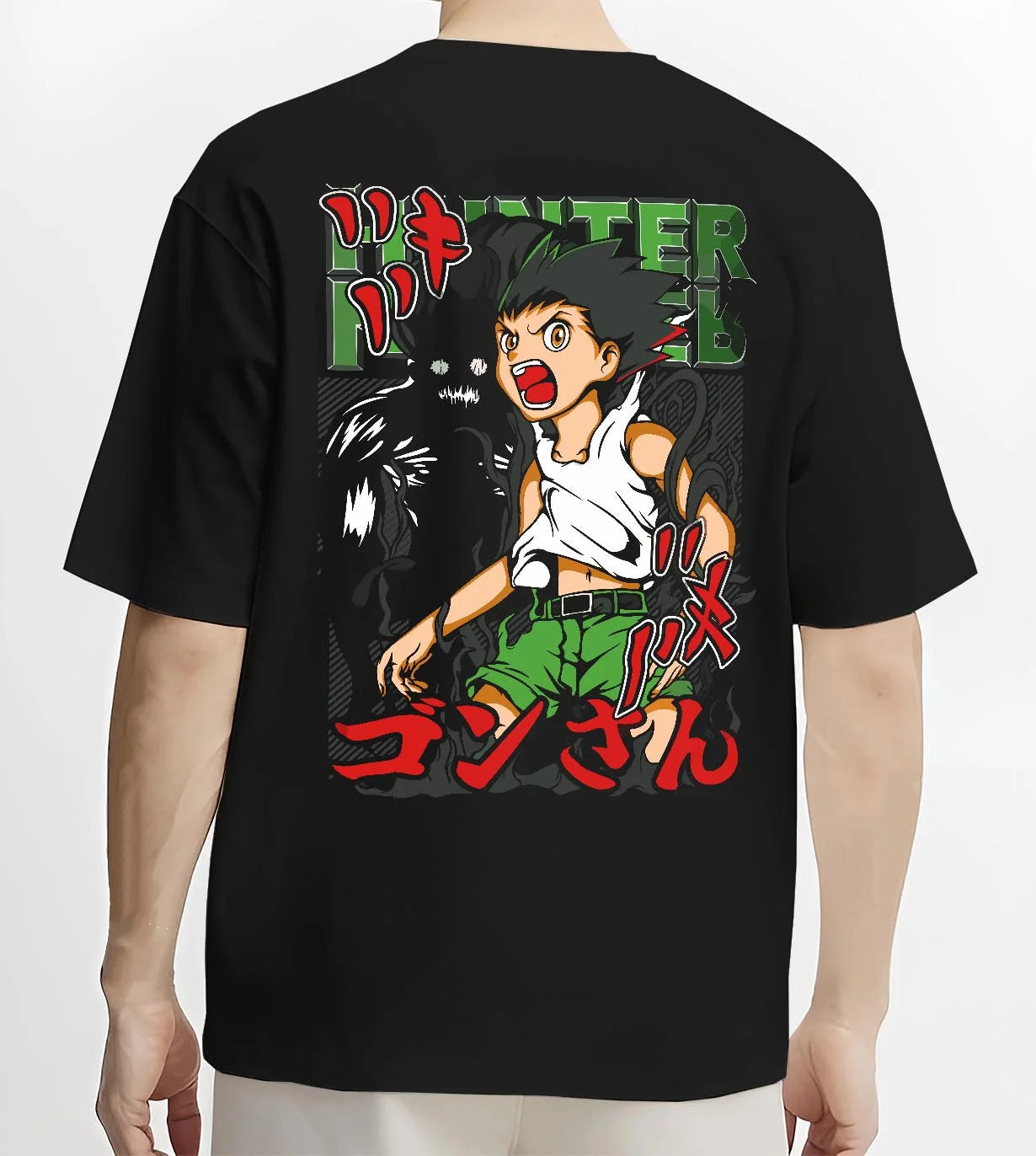 Black T-shirt worn by male model, back view with Hunter x Hunter Hoodie Gon Freecss Power Jumper graphic premium wear.