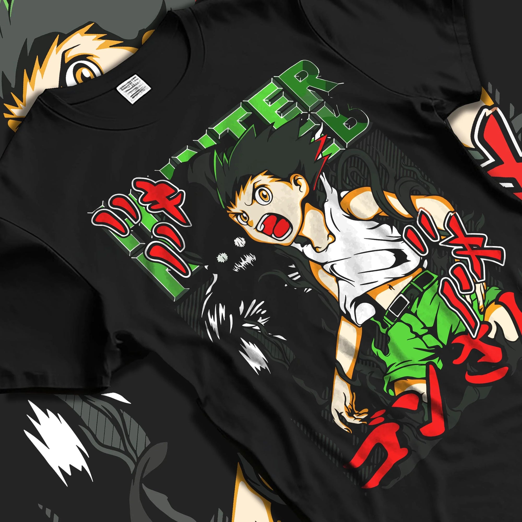 Black T-shirt laid flat with natural folds with Hunter x Hunter Hoodie Gon Freecss Power Jumper graphic streetwear graphic.