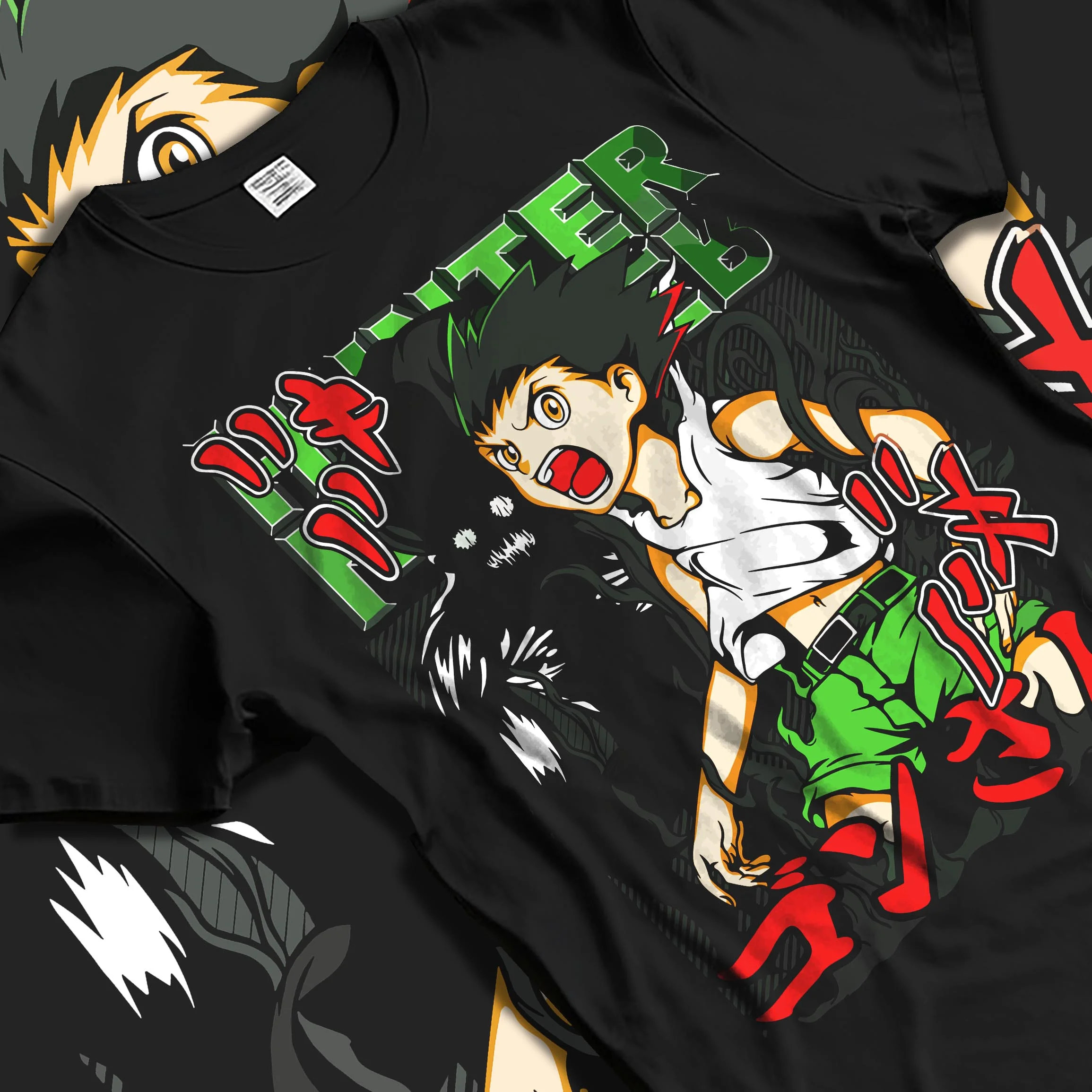 Black T-shirt laid flat with natural folds with Hunter x Hunter Hoodie Gon Freecss Power Jumper graphic streetwear graphic.