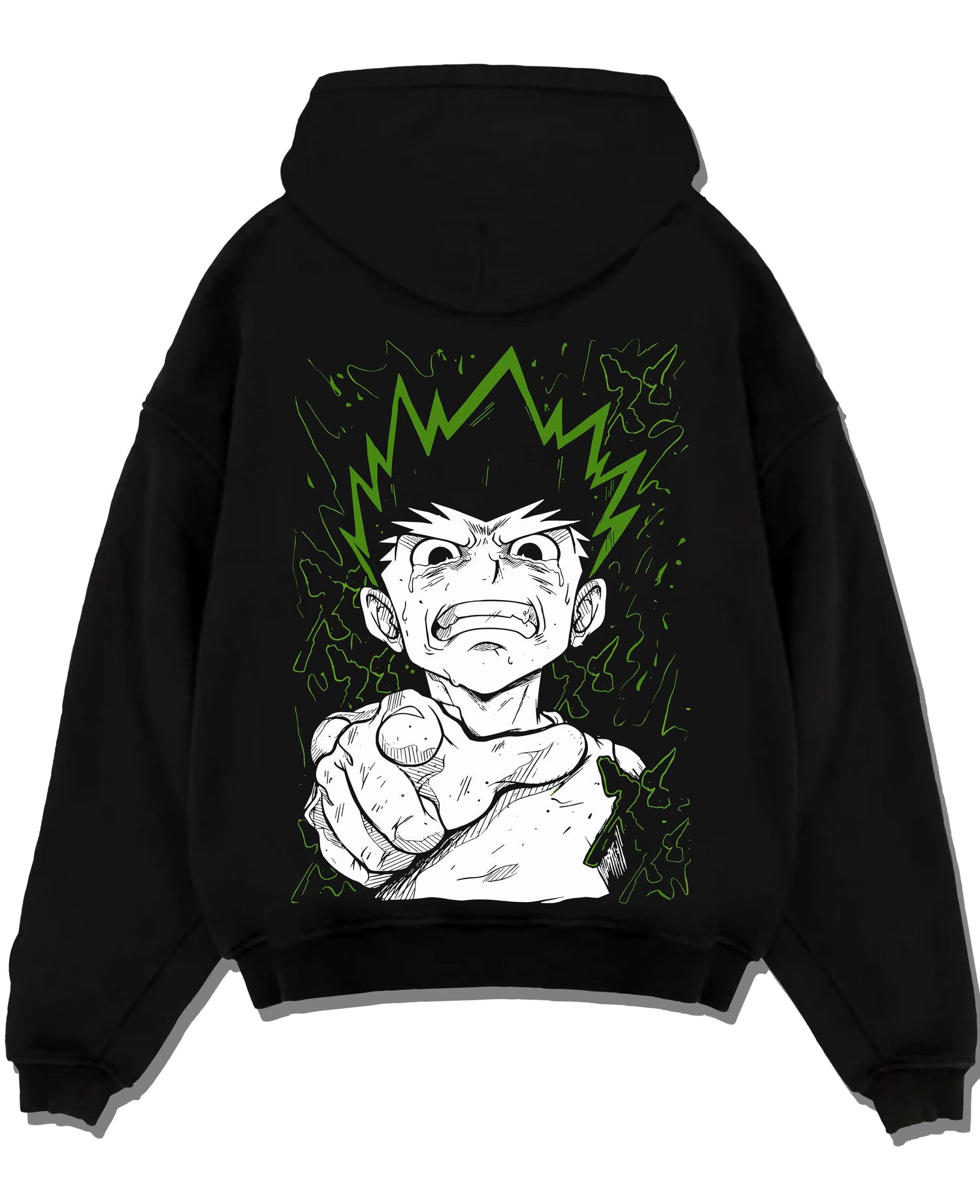 Black pullover hoodie laid flat with Hunter x Hunter Hoodie Gon Freecss Strong Punch Jumper graphic streetwear graphic.