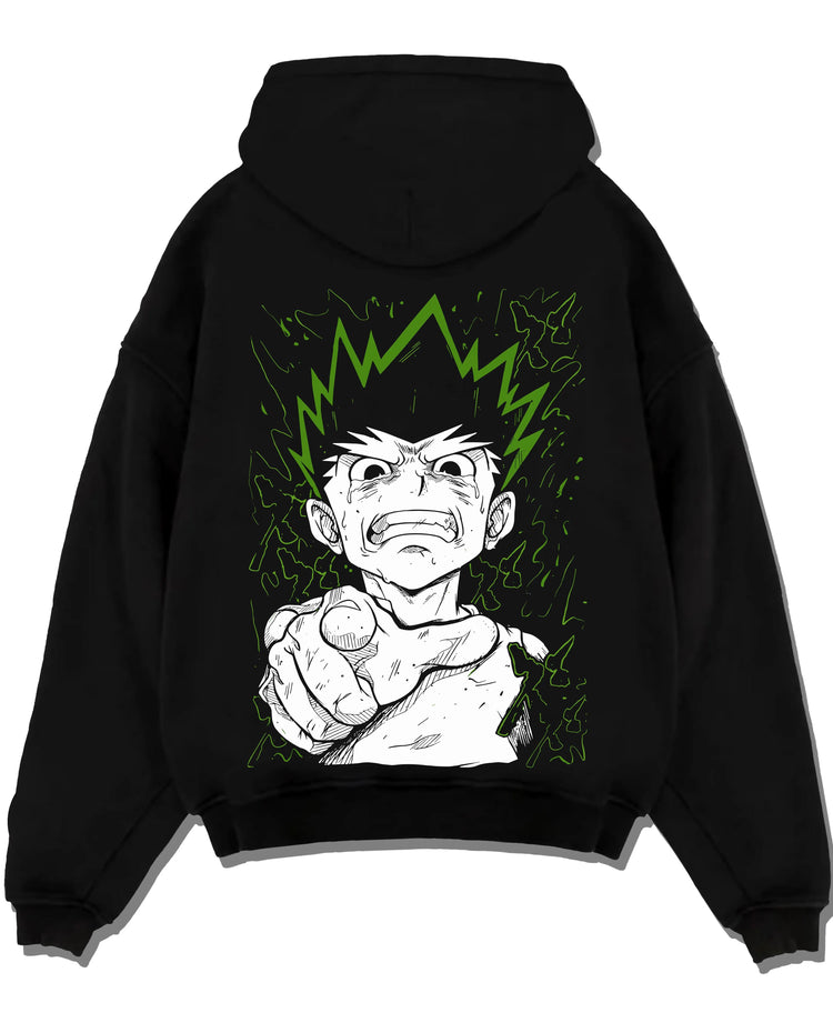 Black pullover hoodie laid flat with Hunter x Hunter Hoodie Gon Freecss Strong Punch Jumper graphic streetwear graphic.