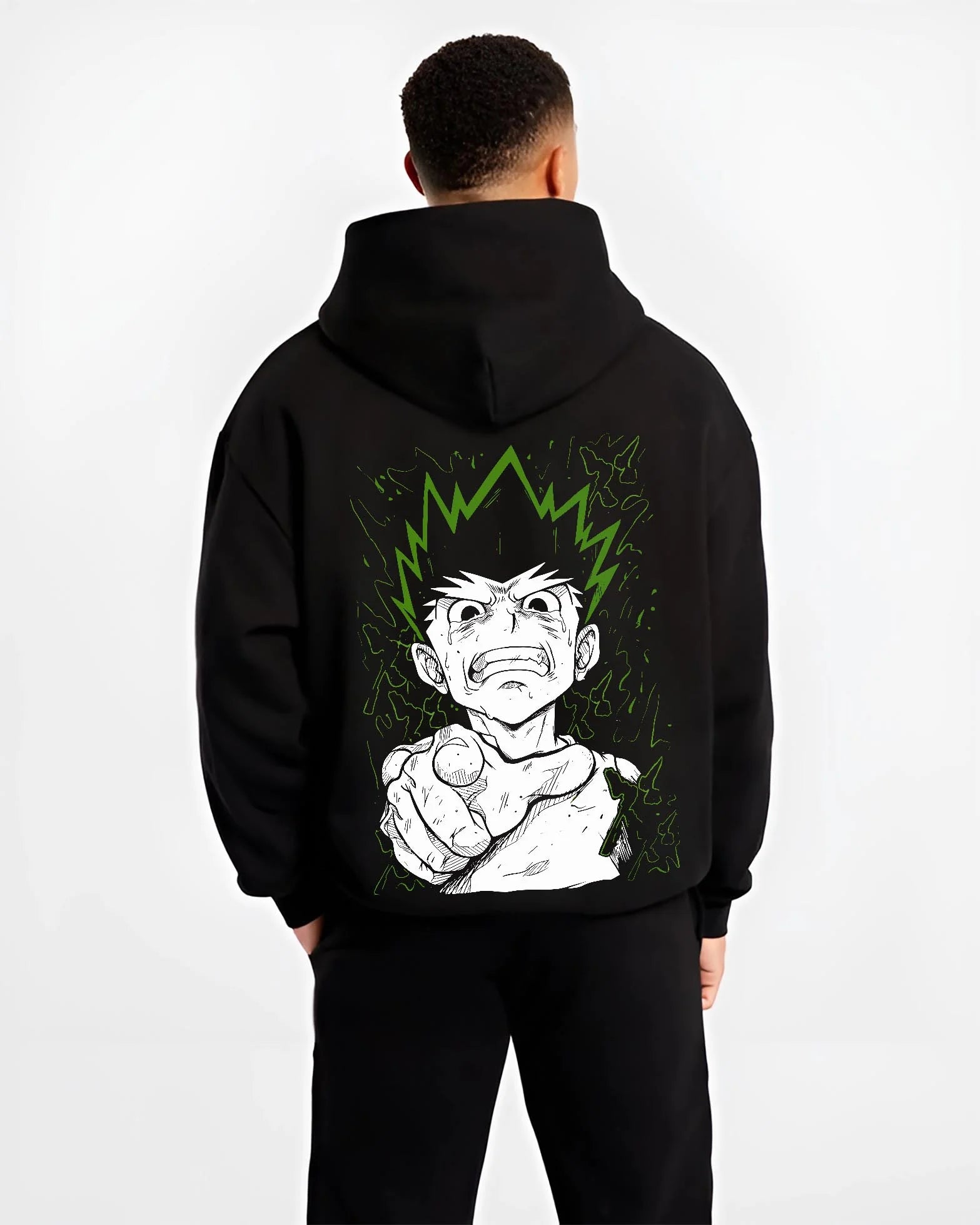 Black hoodie worn by male model, back view with Hunter x Hunter Hoodie Gon Freecss Strong Punch Jumper graphic bold anime graphic.