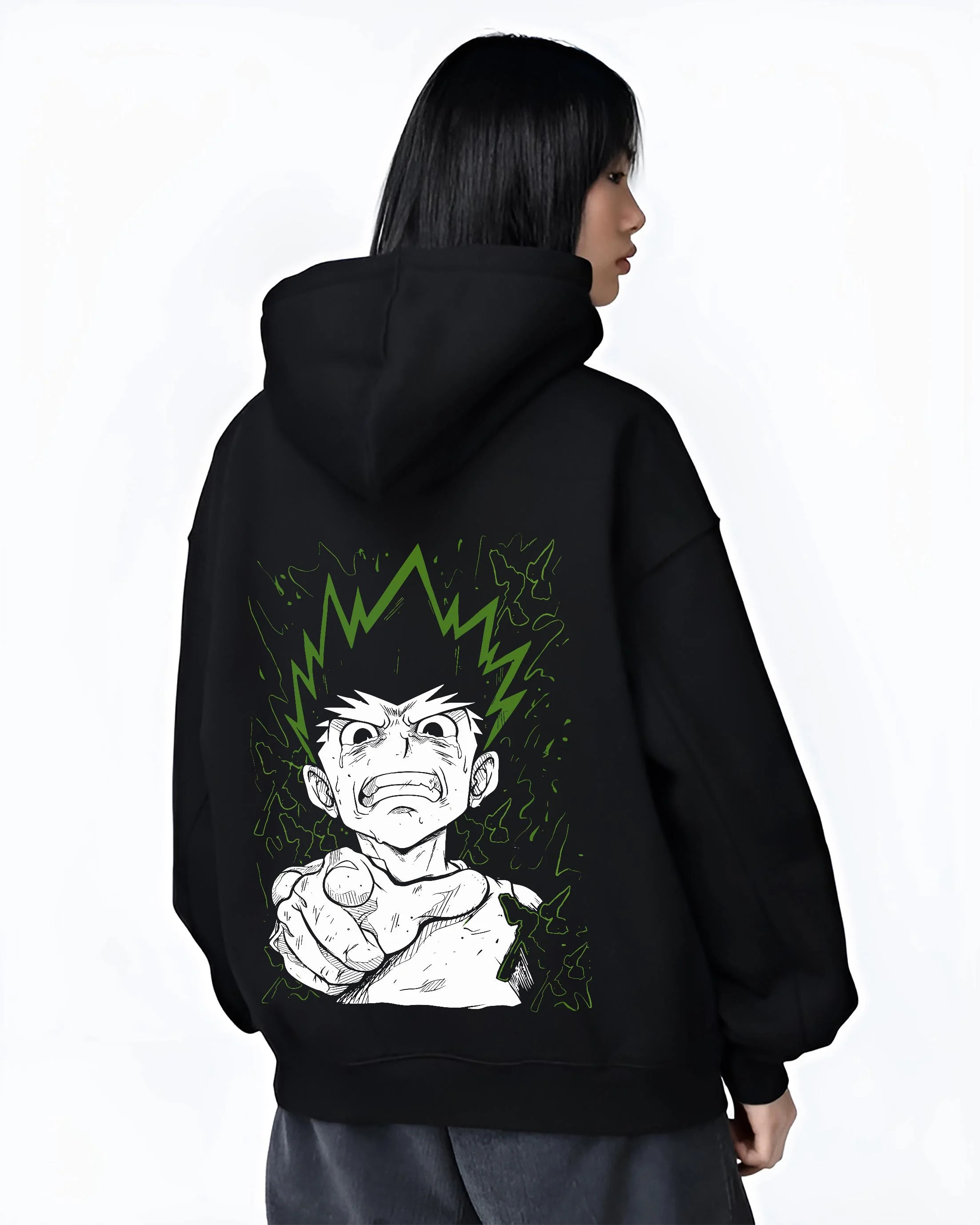 Black hoodie worn by female model, back view with Hunter x Hunter Hoodie Gon Freecss Strong Punch Jumper graphic streetwear graphic.