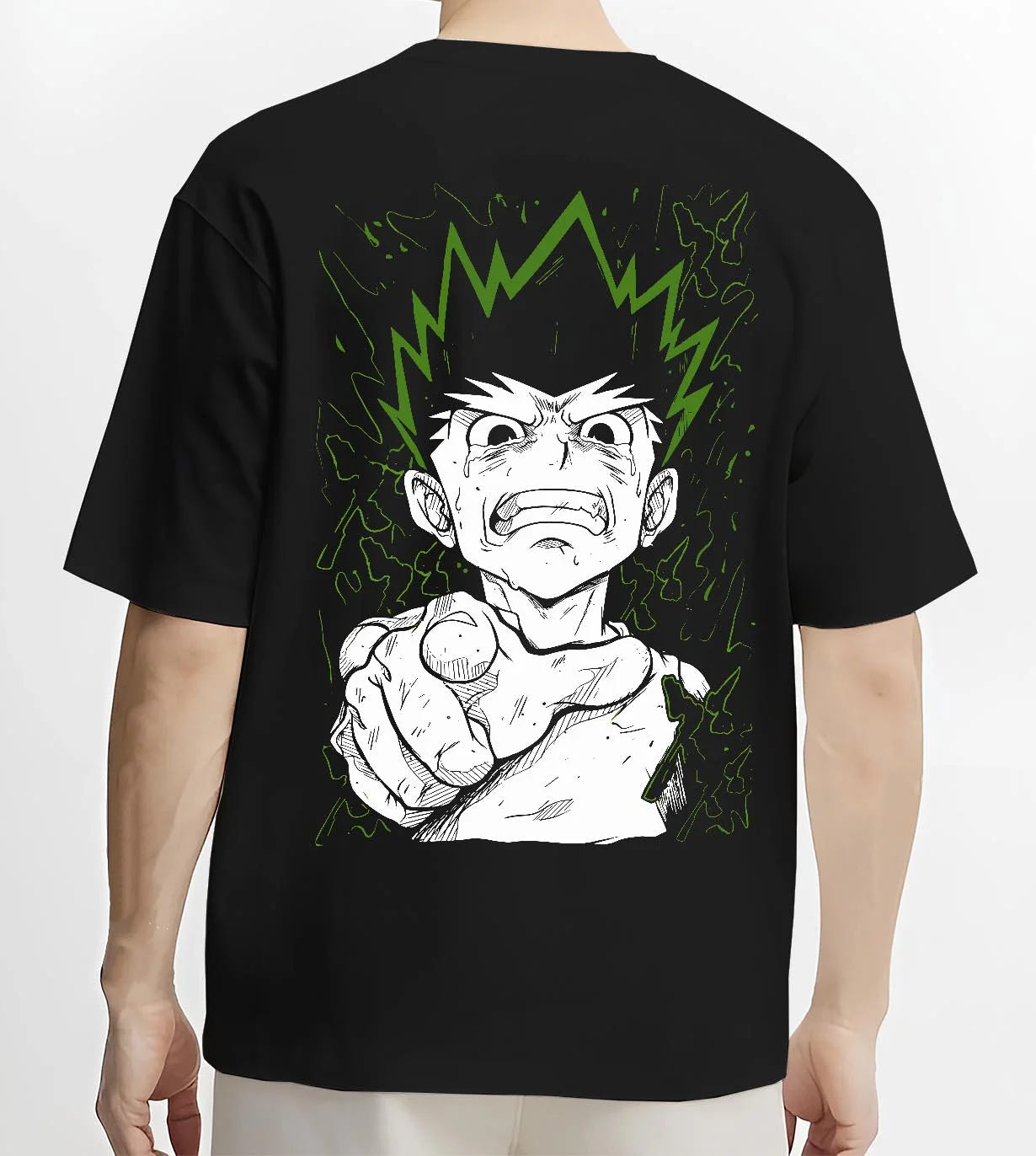 Black T-shirt worn by male model, back view with Hunter x Hunter Hoodie Gon Freecss Strong Punch Jumper graphic premium wear.