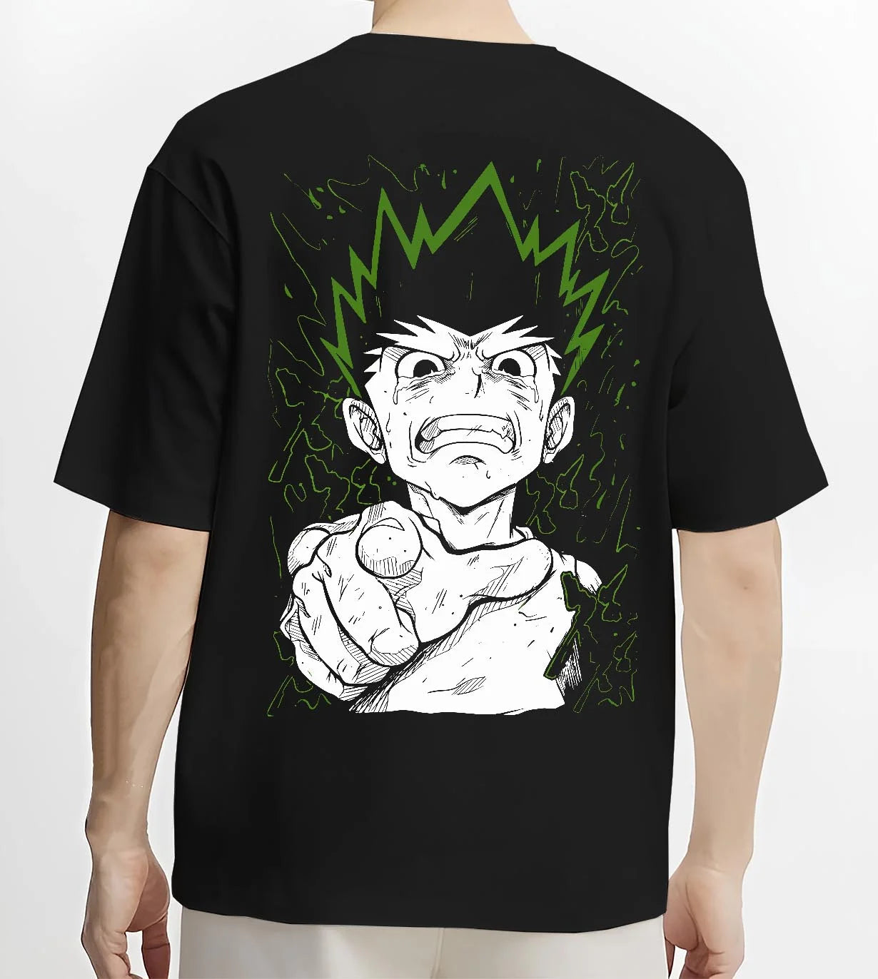 Black T-shirt worn by male model, back view with Hunter x Hunter Hoodie Gon Freecss Strong Punch Jumper graphic premium wear.