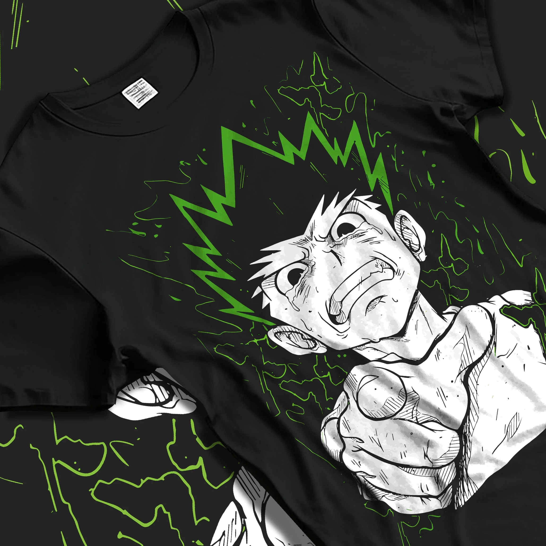 Black T-shirt laid flat with natural folds with Hunter x Hunter Hoodie Gon Freecss Strong Punch Jumper graphic streetwear graphic.