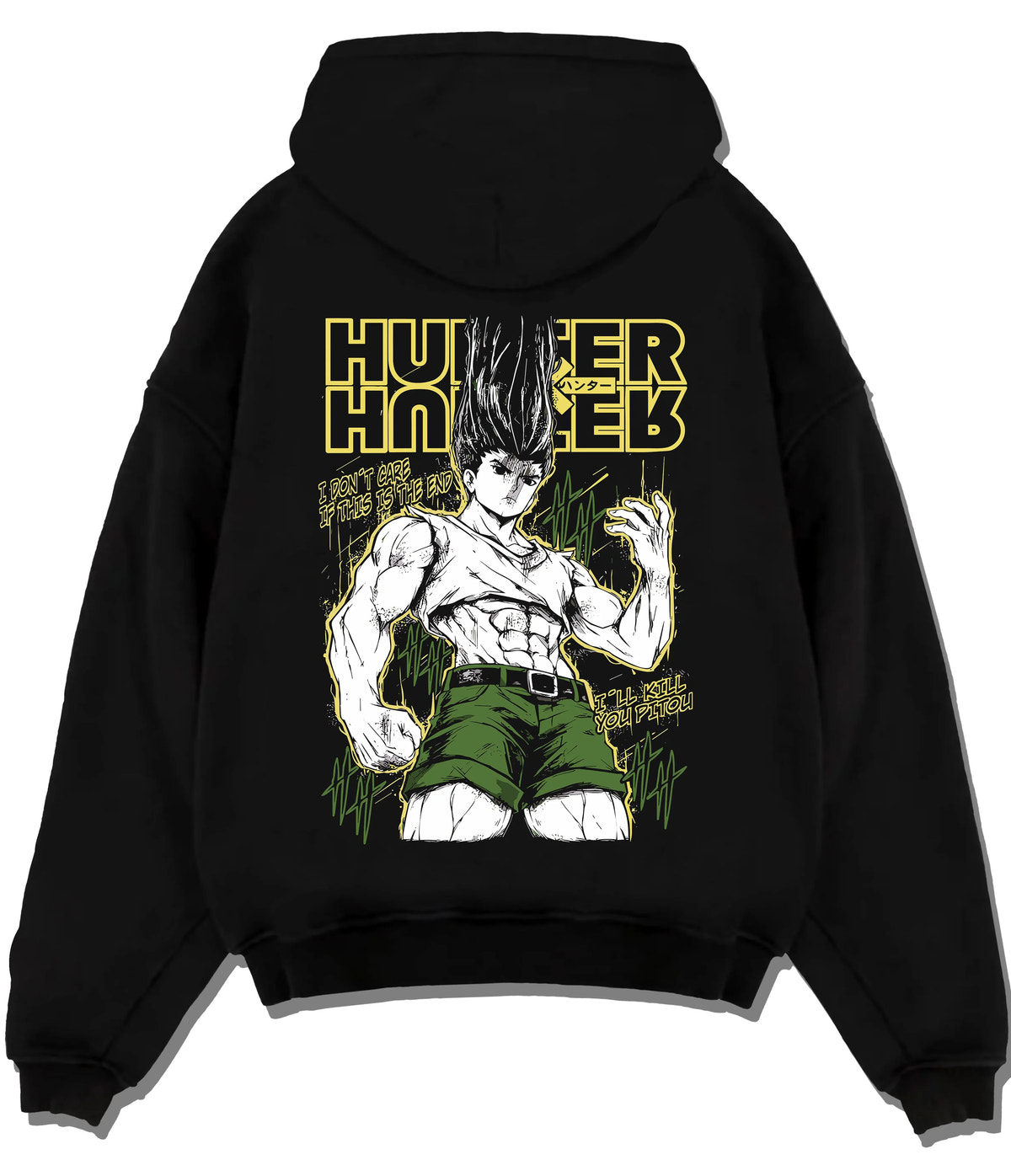 Black hoodie flat back view showing Gon Freecss from Hunter x Hunter: adult transformation
