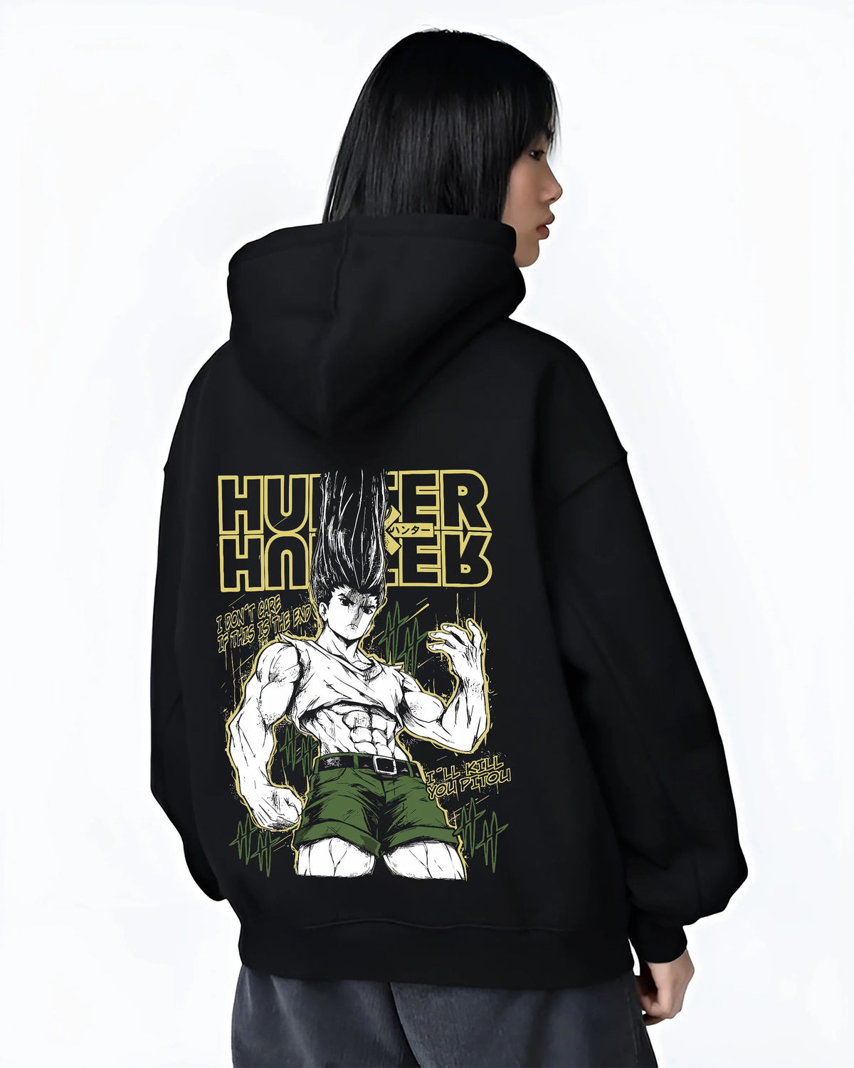Black hoodie female model back view showing Gon Freecss from Hunter x Hunter: adult transformation