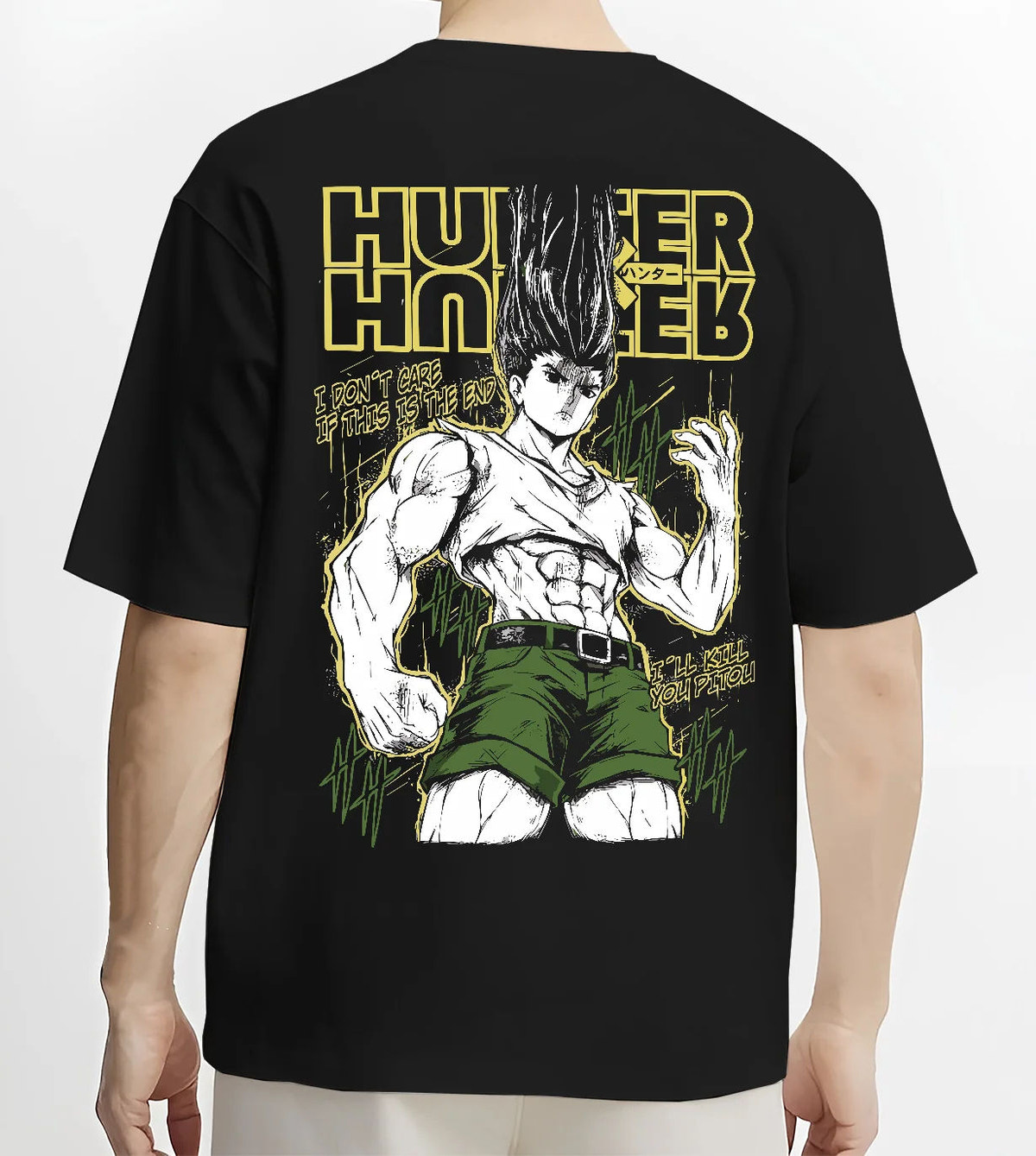 Black T-shirt model back view showing Gon Freecss from Hunter x Hunter: adult transformation