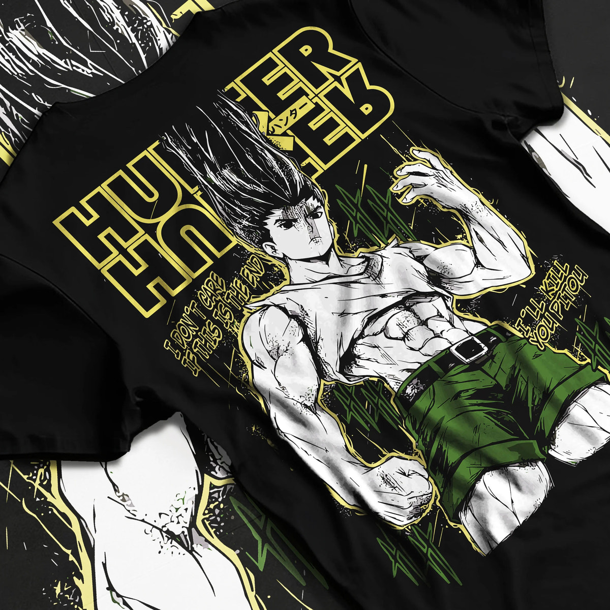 Black T-shirt flat back view showing Gon Freecss from Hunter x Hunter: adult transformation