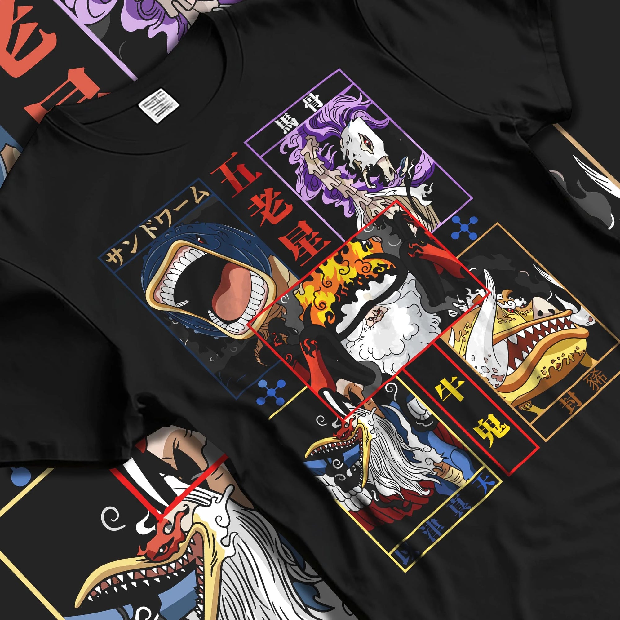 Black T-shirt laid flat with natural folds with One Piece Hoodie Brook Soul King Skeleton Jumper graphic Brook anime design.