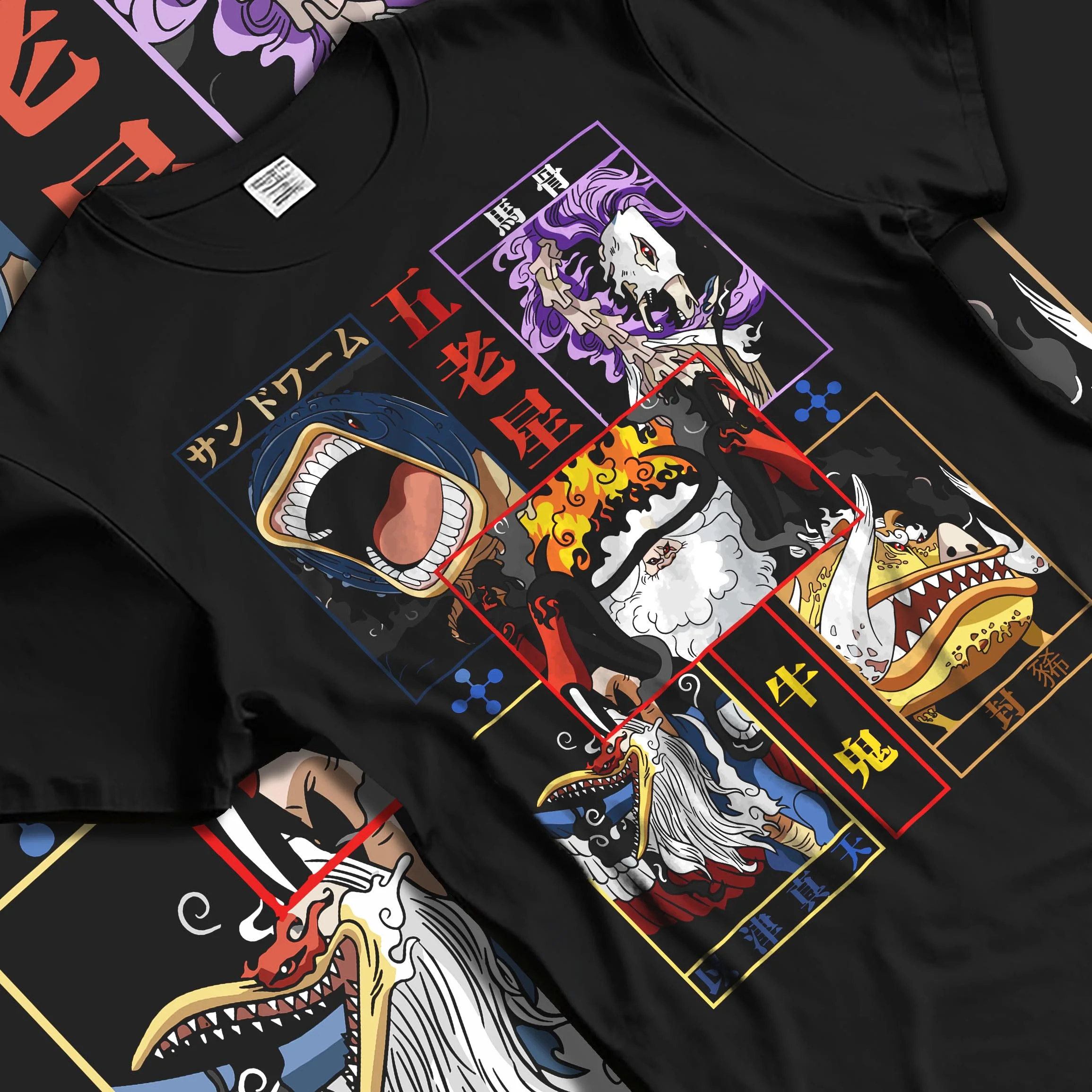 Black T-shirt laid flat with natural folds with One Piece Hoodie Brook Soul King Skeleton Jumper graphic Brook anime design.