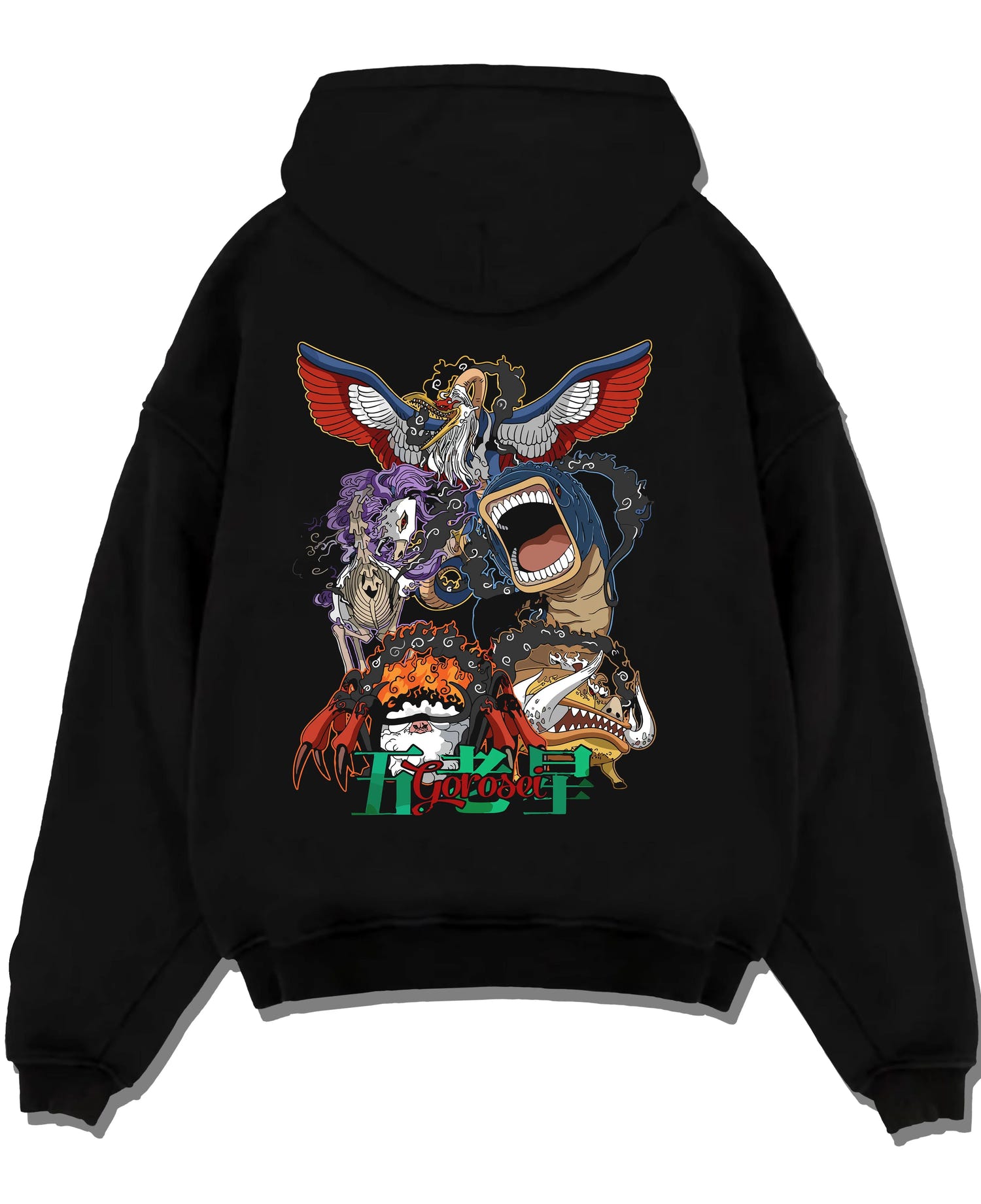 Black pullover hoodie laid flat with One Piece Hoodie Brook Soul King Elder Form Jumper graphic Brook anime design.