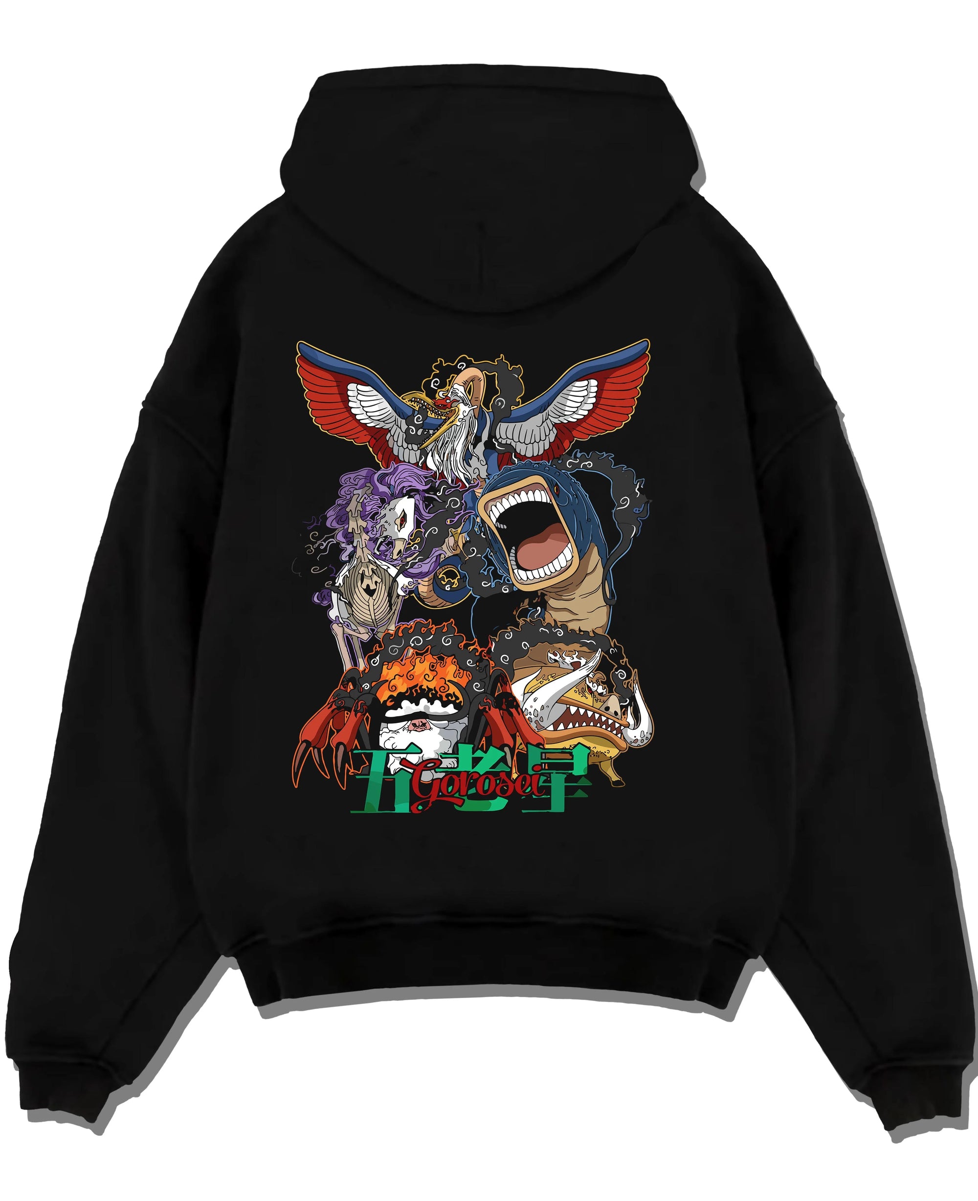 Black pullover hoodie laid flat with One Piece Hoodie Brook Soul King Elder Form Jumper graphic Brook anime design.