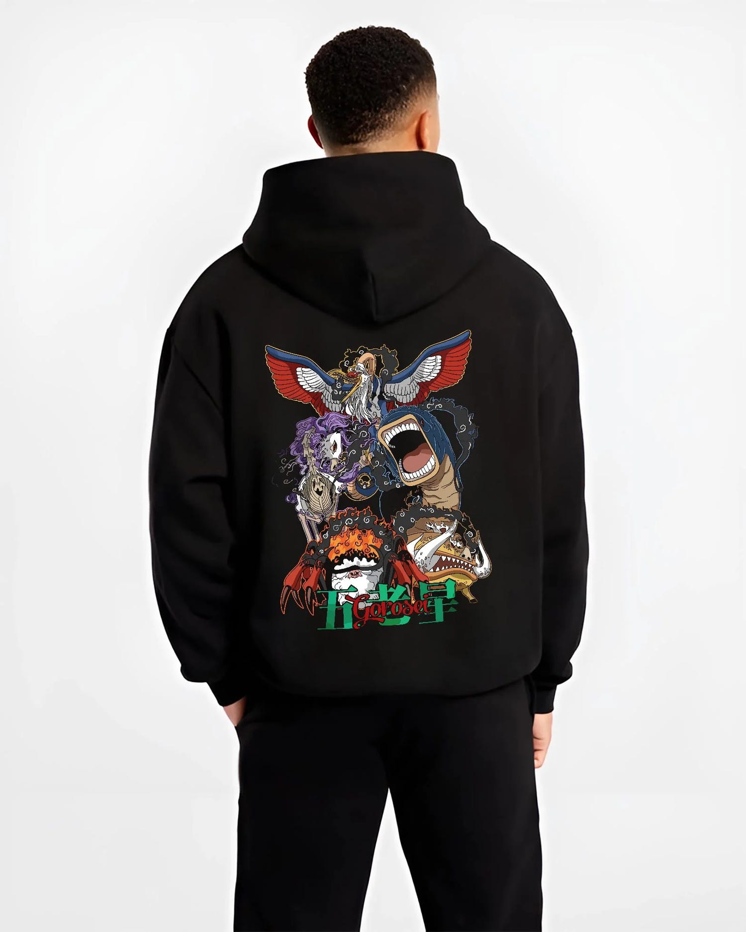 Black hoodie worn by male model, back view with One Piece Hoodie Brook Soul King Elder Form Jumper graphic Brook anime design.
