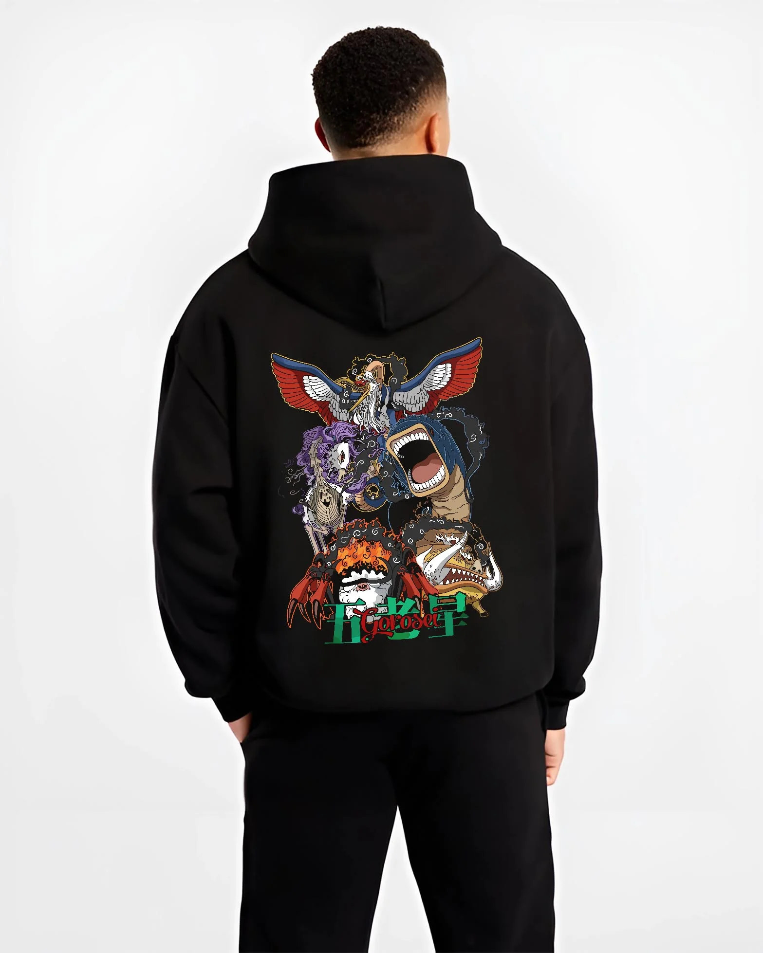 Black hoodie worn by male model, back view with One Piece Hoodie Brook Soul King Elder Form Jumper graphic Brook anime design.