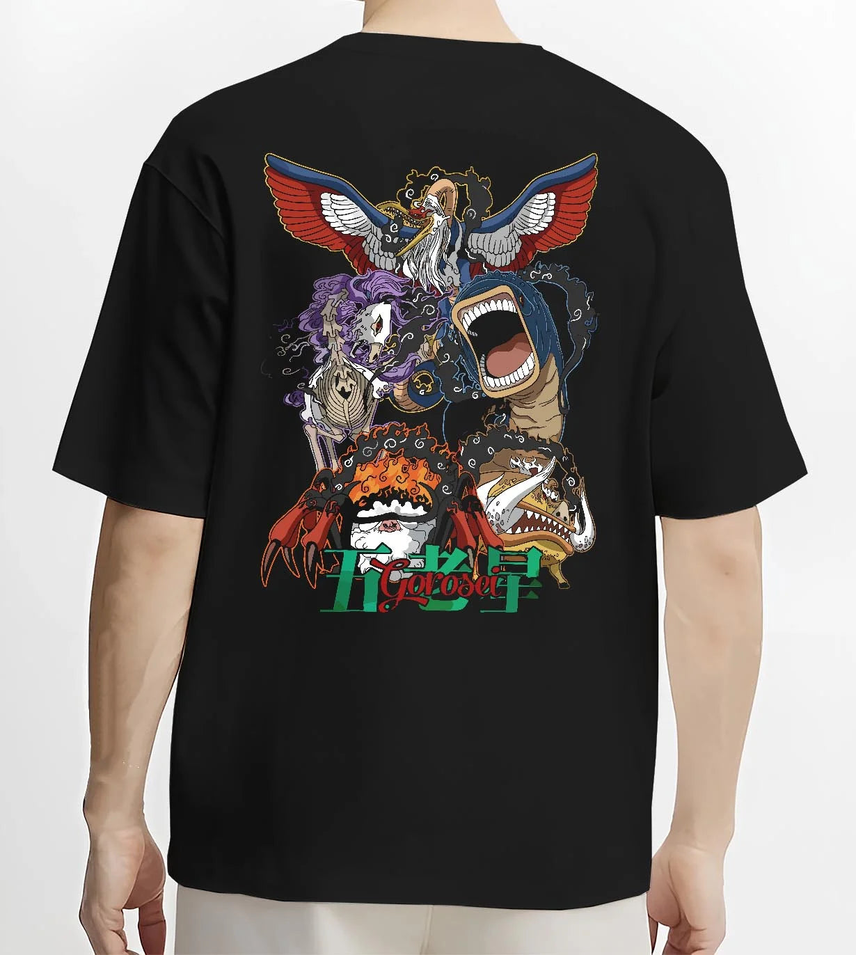 Black T-shirt worn by male model, back view with One Piece Hoodie Brook Soul King Elder Form Jumper graphic bold anime graphic.