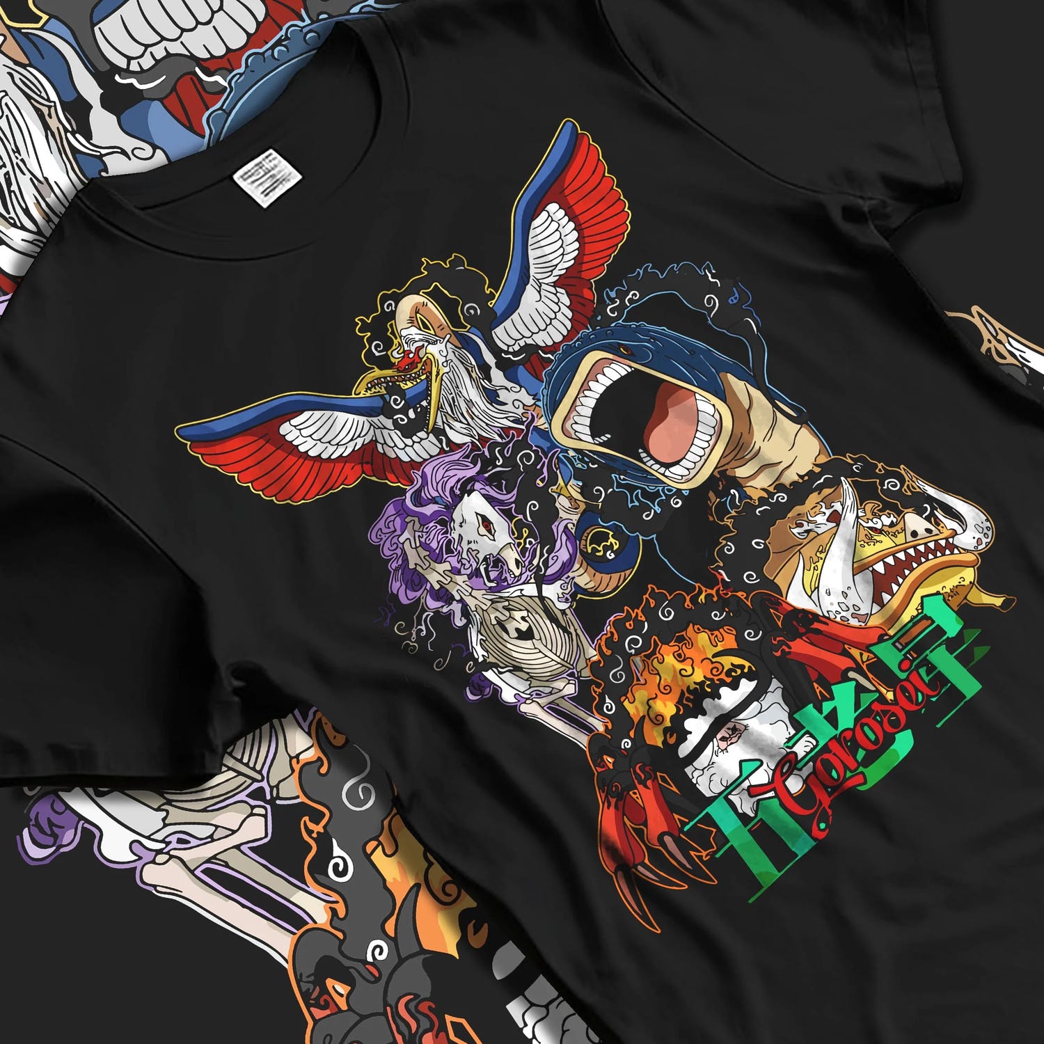 Black T-shirt laid flat with natural folds with One Piece Hoodie Brook Soul King Elder Form Jumper graphic Brook anime design.