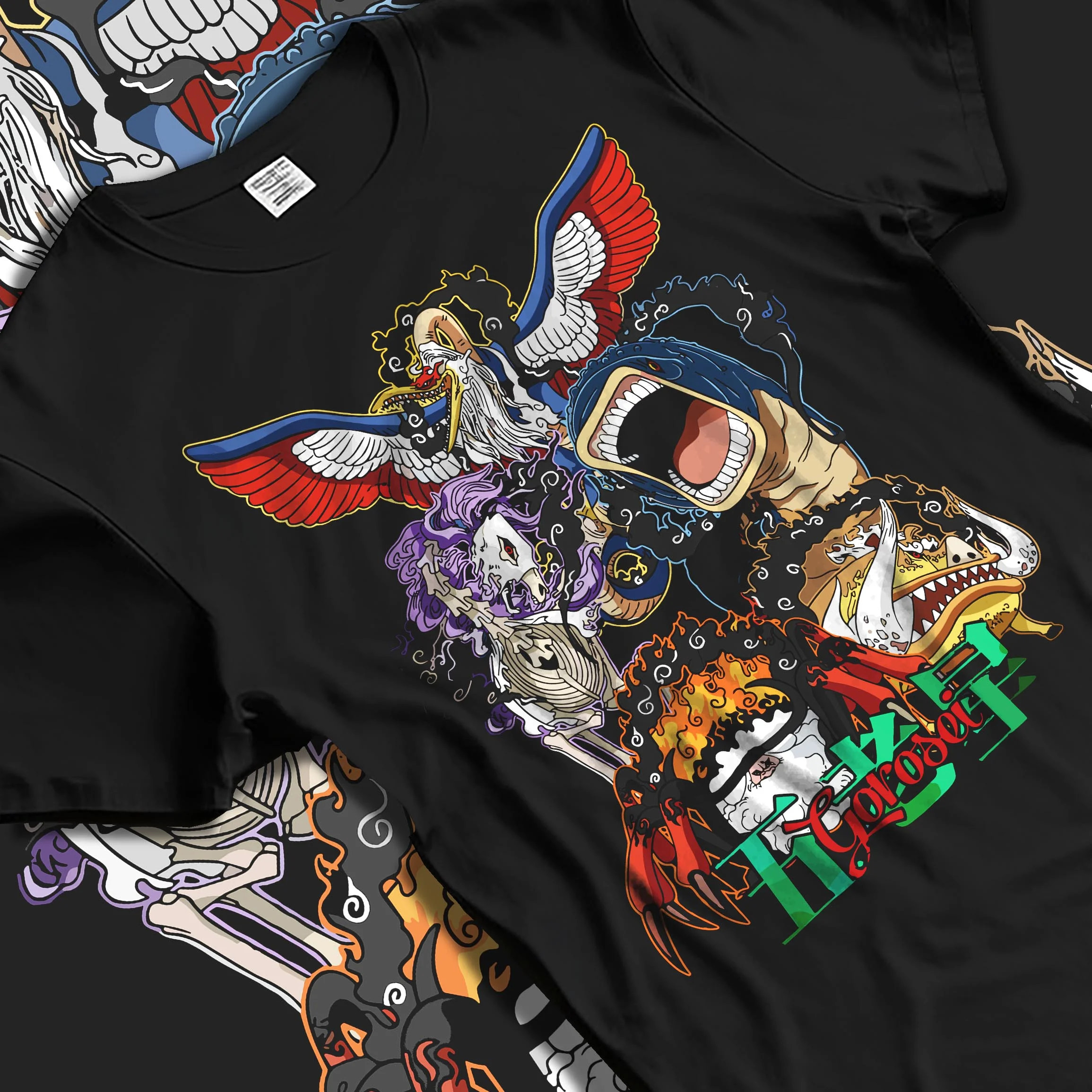 Black T-shirt laid flat with natural folds with One Piece Hoodie Brook Soul King Elder Form Jumper graphic Brook anime design.