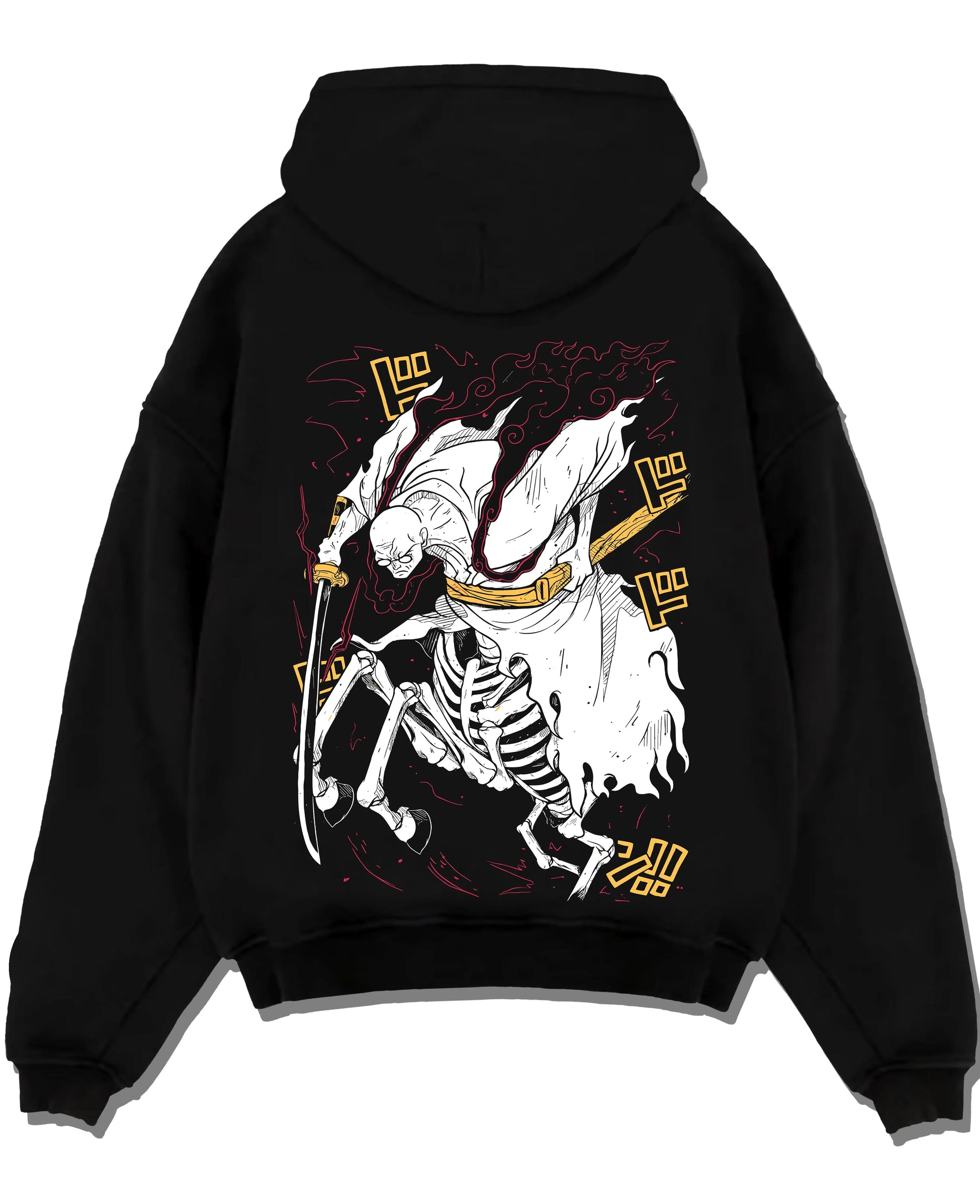Black pullover hoodie laid flat with One Piece Hoodie Brook Soul King Rising Jumper graphic Brook anime design.