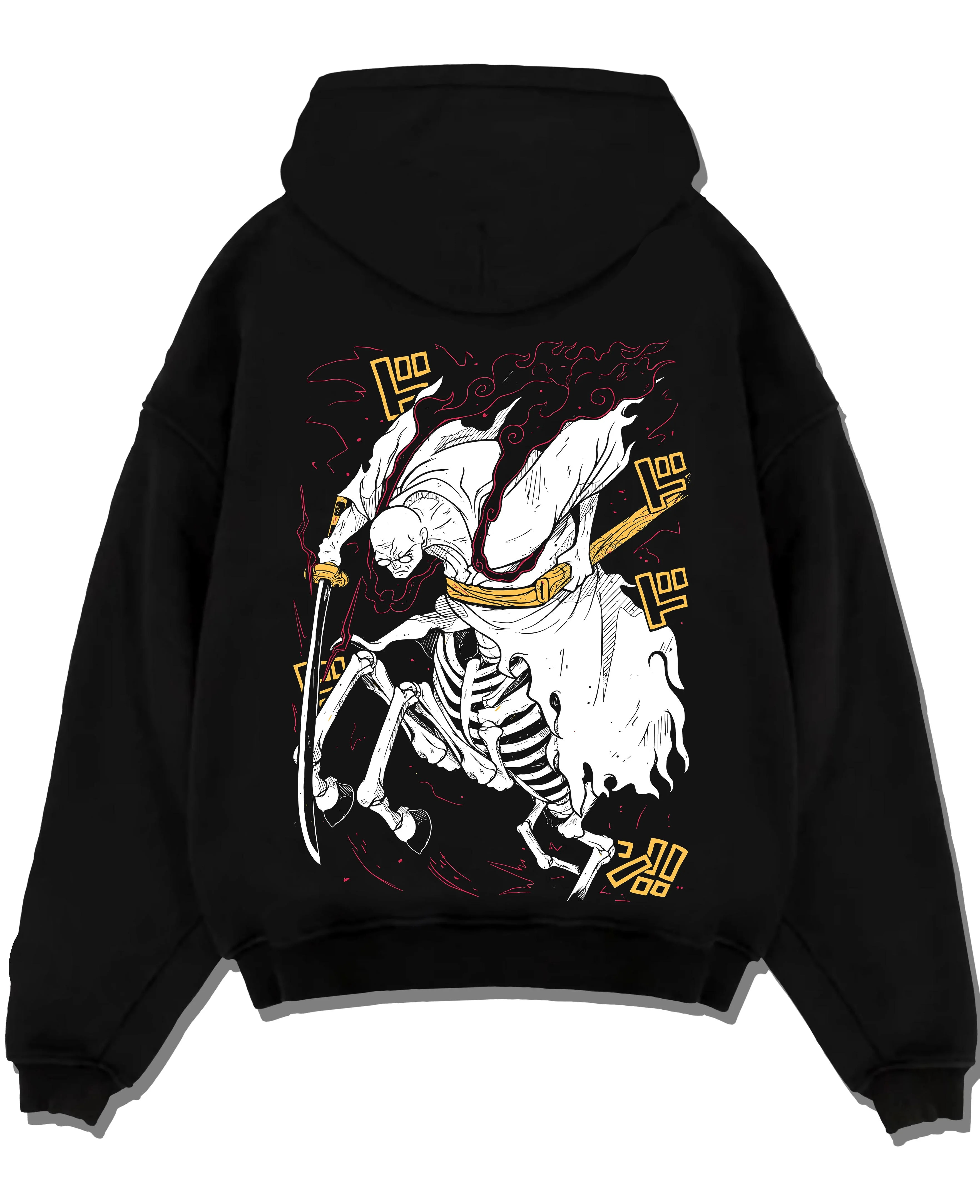 Black pullover hoodie laid flat with One Piece Hoodie Brook Soul King Rising Jumper graphic Brook anime design.