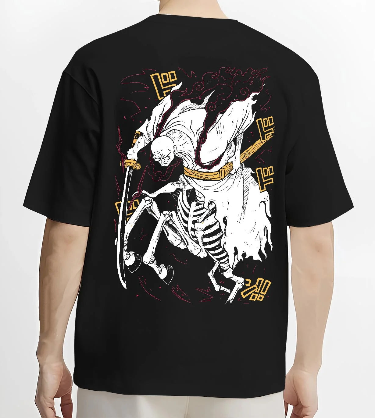 Black T-shirt worn by male model, back view with One Piece Hoodie Brook Soul King Rising Jumper graphic streetwear graphic.