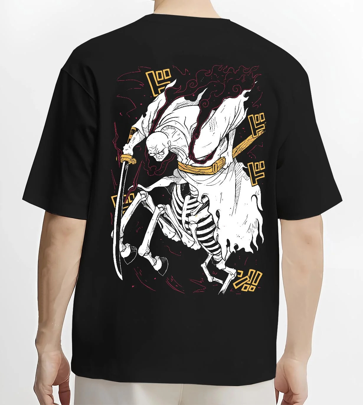 Black T-shirt worn by male model, back view with One Piece Hoodie Brook Soul King Rising Jumper graphic streetwear graphic.