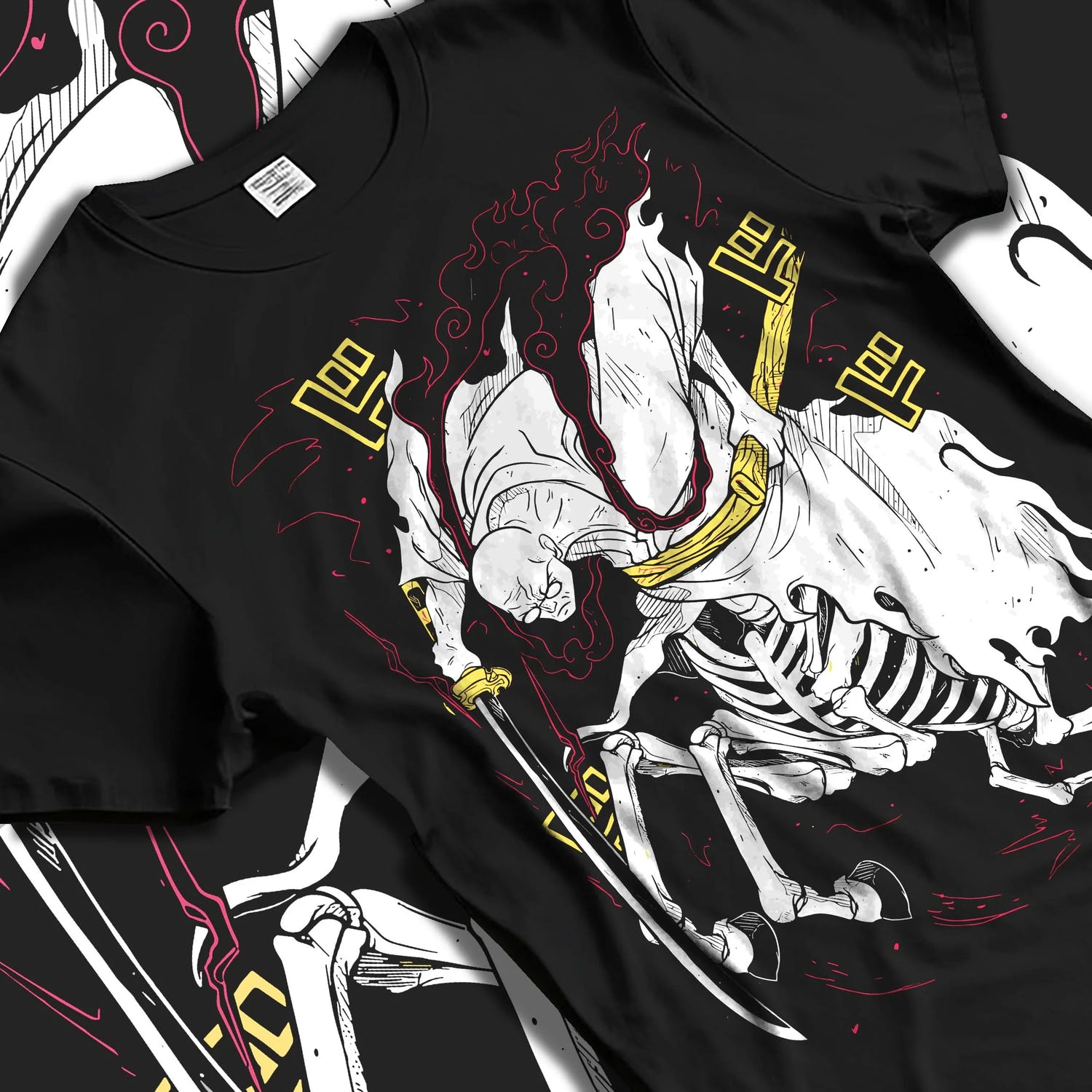 Black T-shirt laid flat with natural folds with One Piece Hoodie Brook Soul King Rising Jumper graphic streetwear graphic.