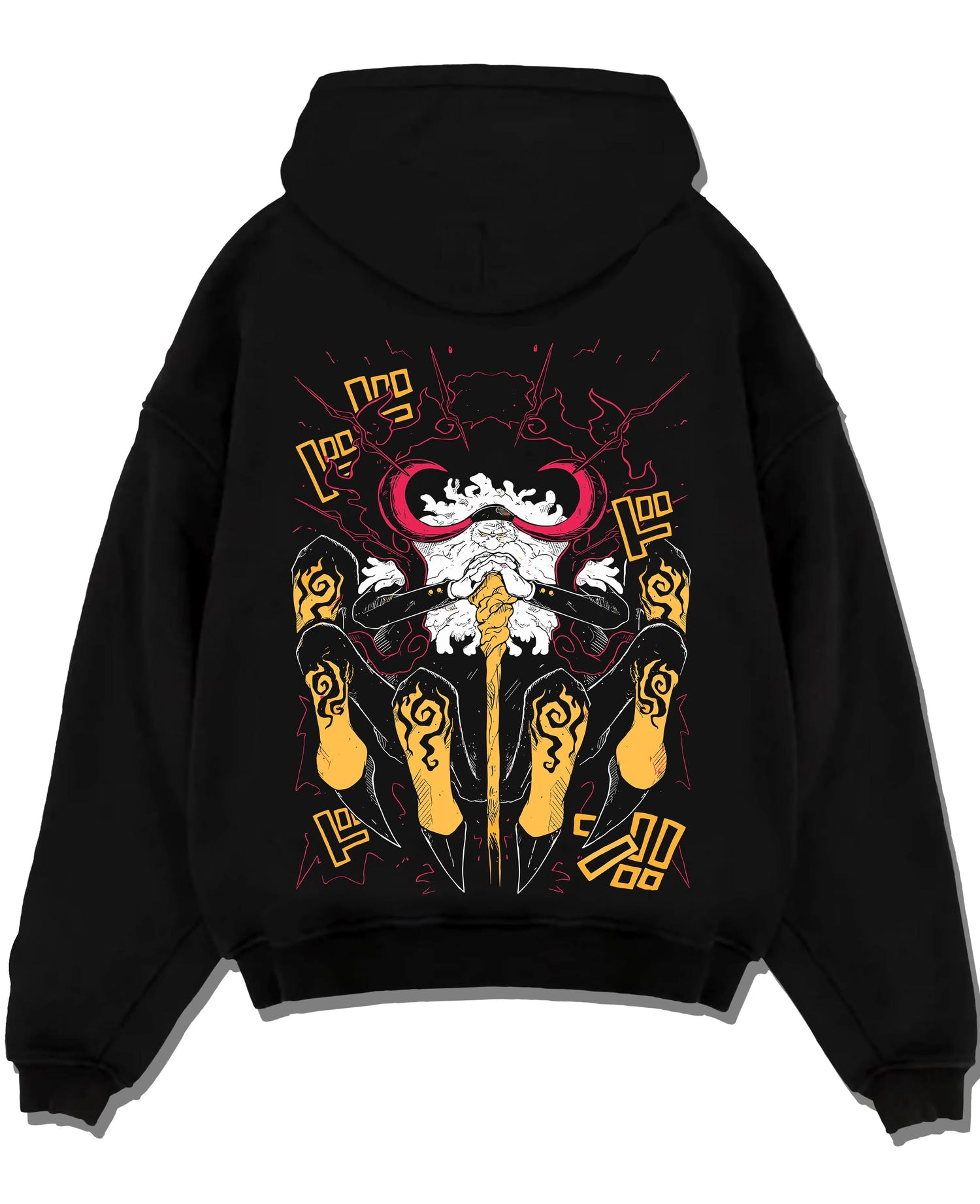 Black pullover hoodie laid flat with One Piece Hoodie Brook Soul King Satanic Jumper graphic bold anime graphic.
