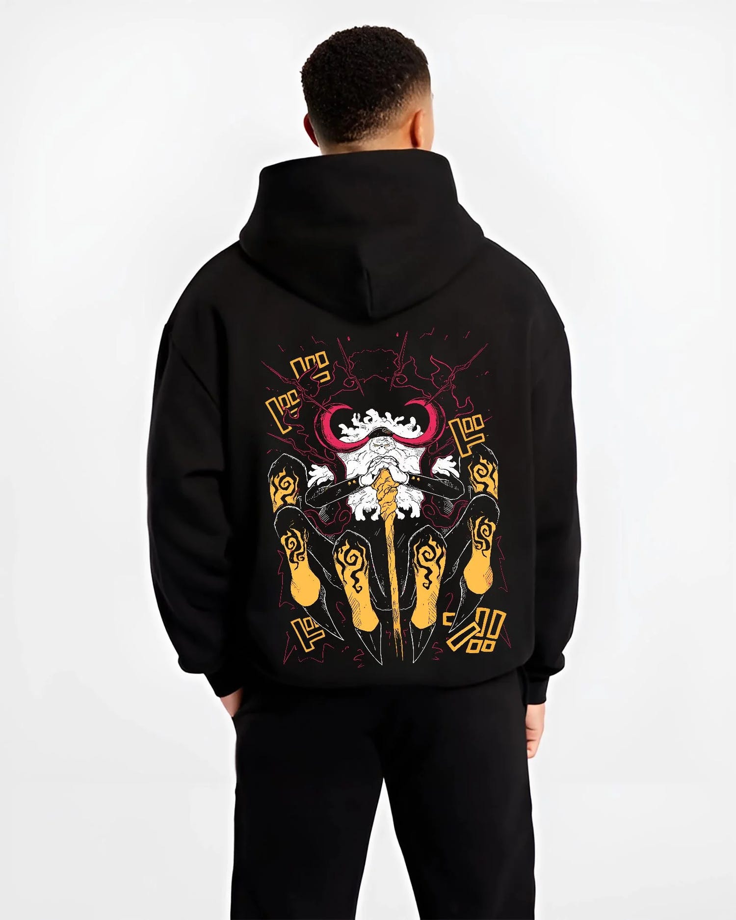 Black hoodie worn by male model, back view with One Piece Hoodie Brook Soul King Satanic Jumper graphic premium wear.
