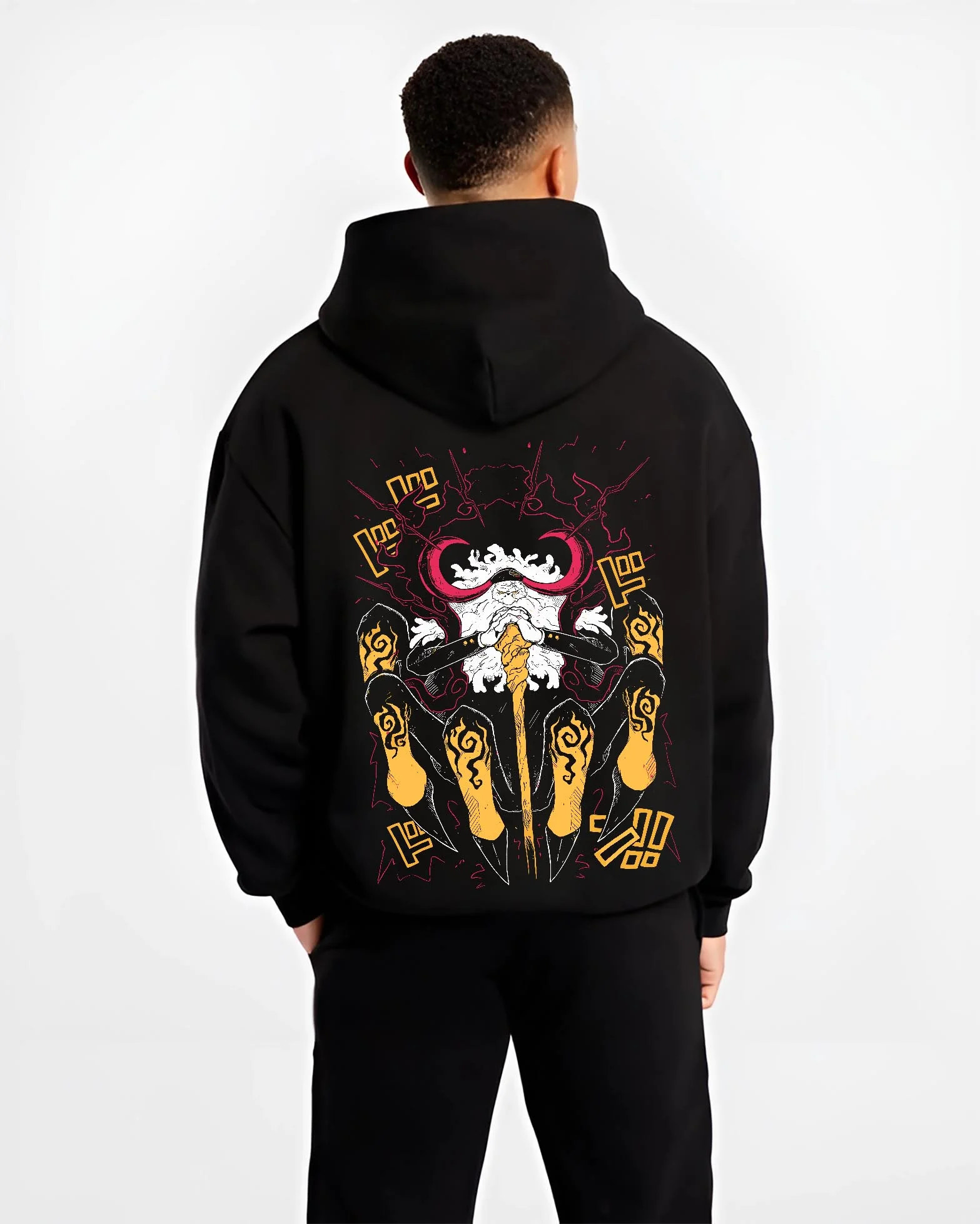 Black hoodie worn by male model, back view with One Piece Hoodie Brook Soul King Satanic Jumper graphic premium wear.