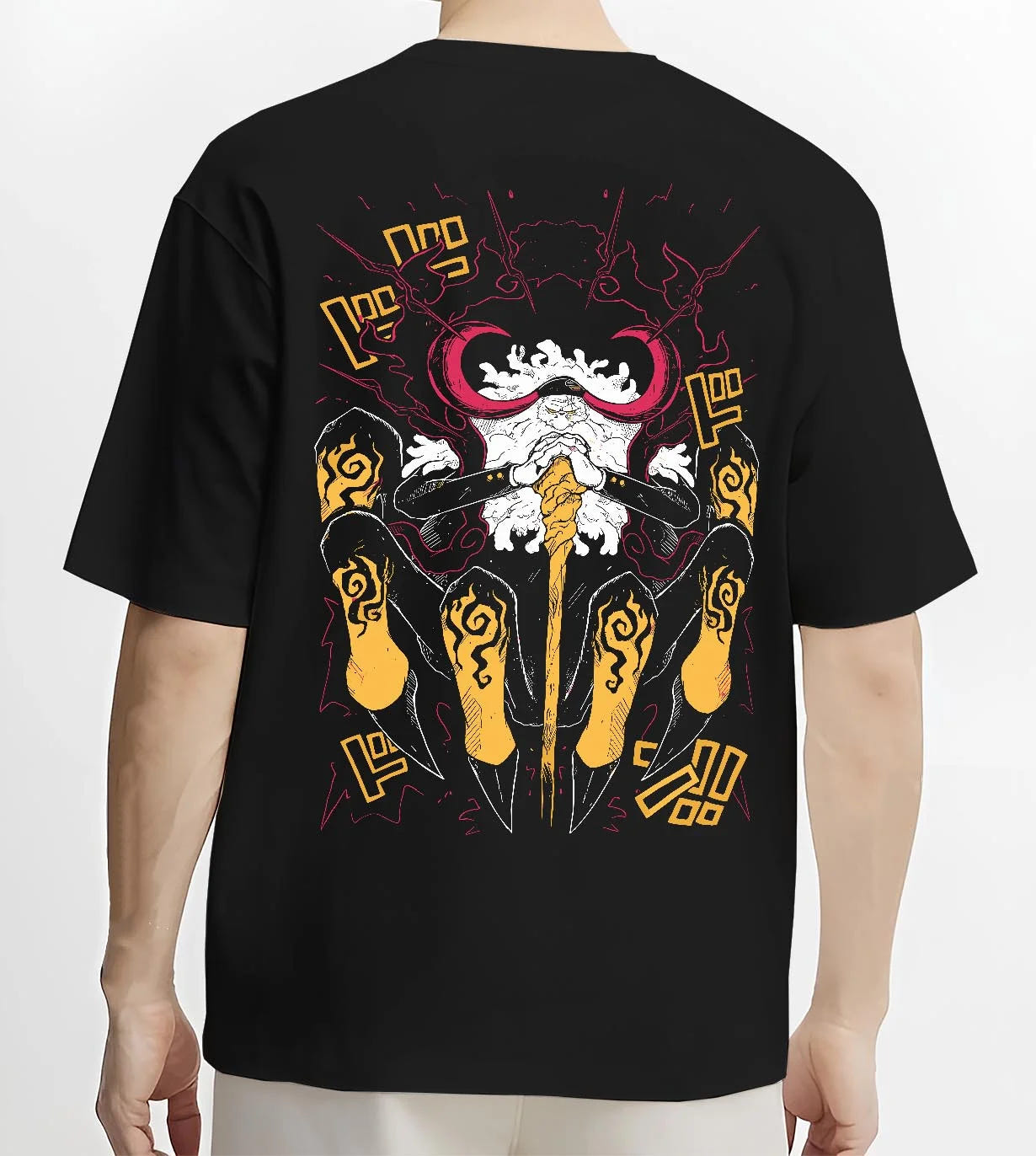 Black T-shirt worn by male model, back view with One Piece Hoodie Brook Soul King Satanic Jumper graphic Brook anime design.