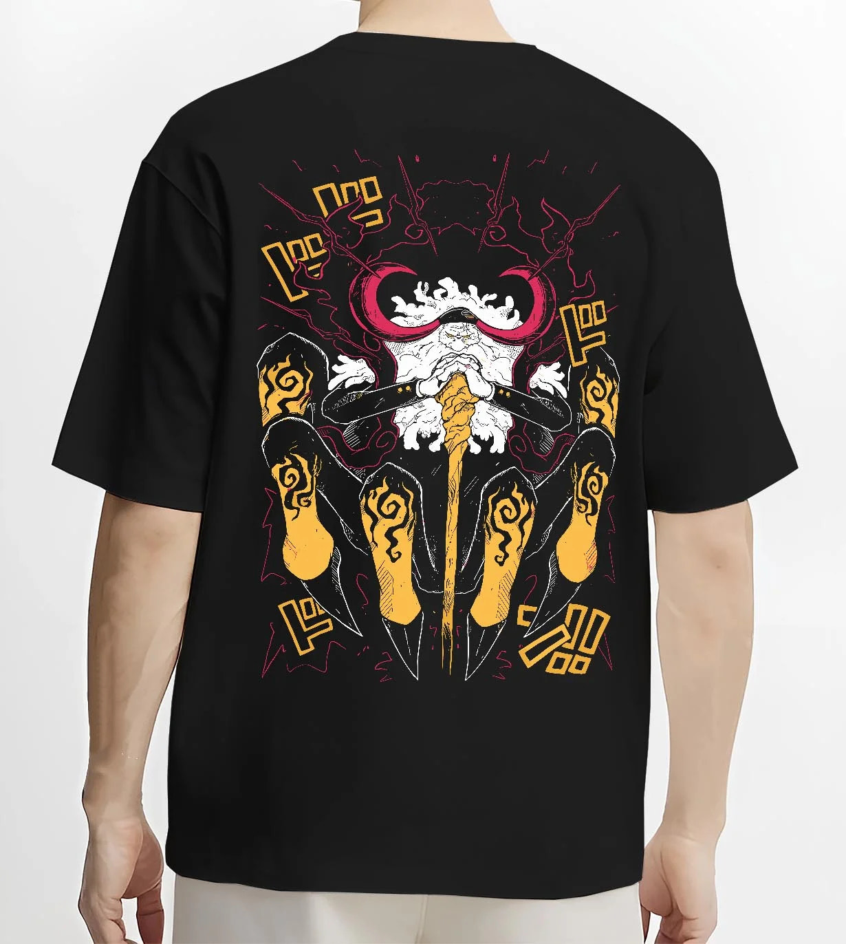 Black T-shirt worn by male model, back view with One Piece Hoodie Brook Soul King Satanic Jumper graphic Brook anime design.