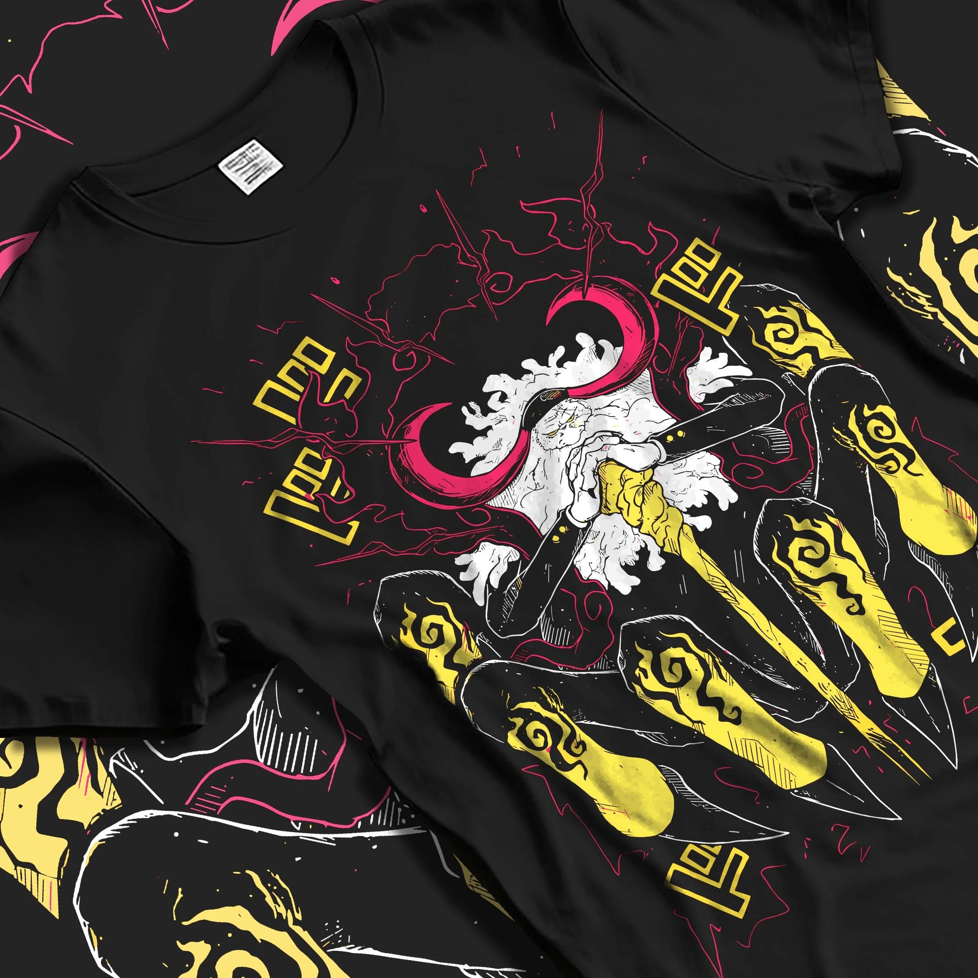 Black T-shirt laid flat with natural folds with One Piece Hoodie Brook Soul King Satanic Jumper graphic premium wear.