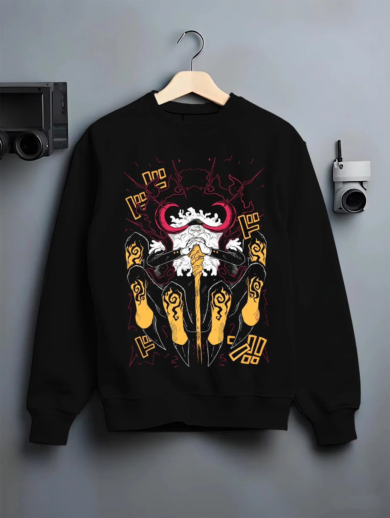Black crewneck sweatshirt on hanger with One Piece Hoodie Brook Soul King Satanic Jumper graphic streetwear graphic.