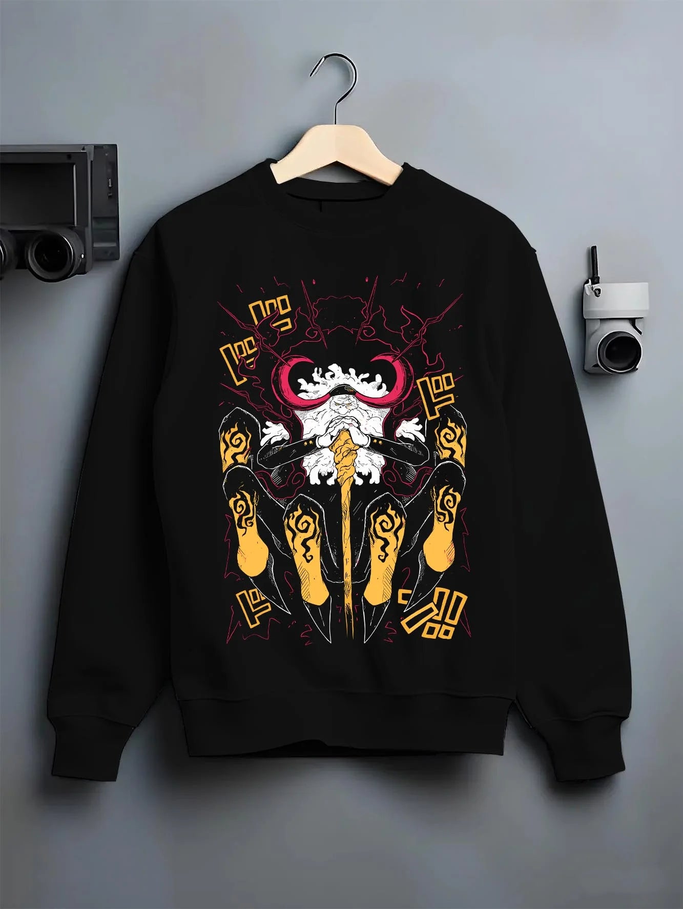 Black crewneck sweatshirt on hanger with One Piece Hoodie Brook Soul King Satanic Jumper graphic streetwear graphic.