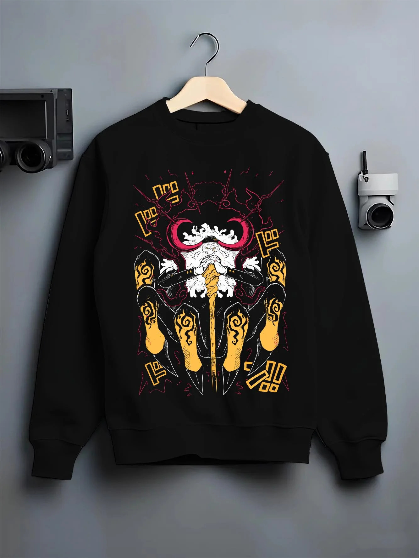 Black crewneck sweatshirt on hanger with One Piece Hoodie Brook Soul King Satanic Jumper graphic streetwear graphic.