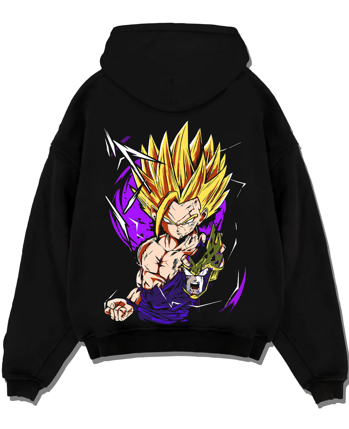 Black hoodie laid flat featuring Gohan Super Saiyan 2 Cell Saga artwork.