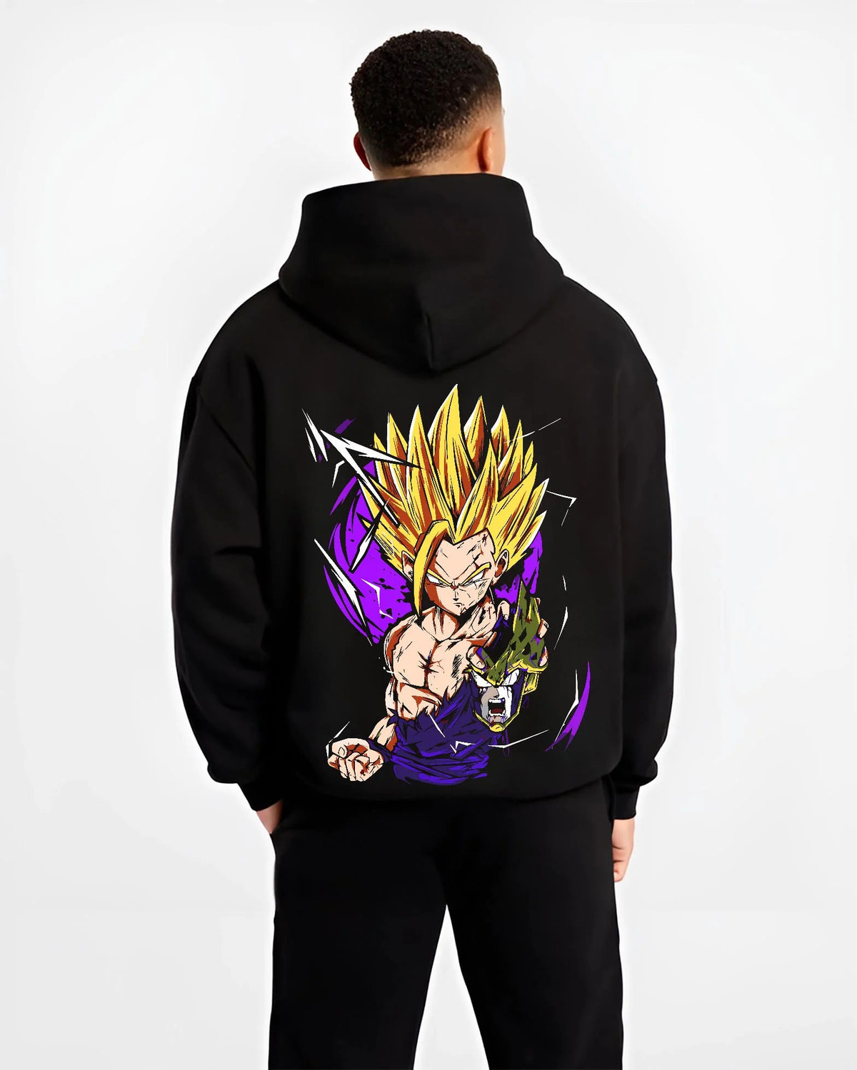 Black hoodie worn by male model from the back featuring Gohan Super Saiyan 2 Cell Saga artwork.
