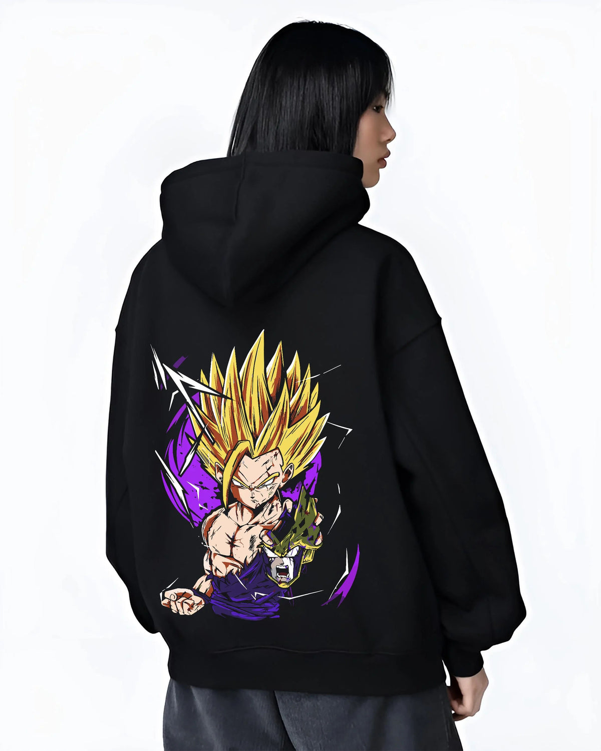 Black hoodie worn by female model from the back featuring Gohan Super Saiyan 2 Cell Saga artwork.
