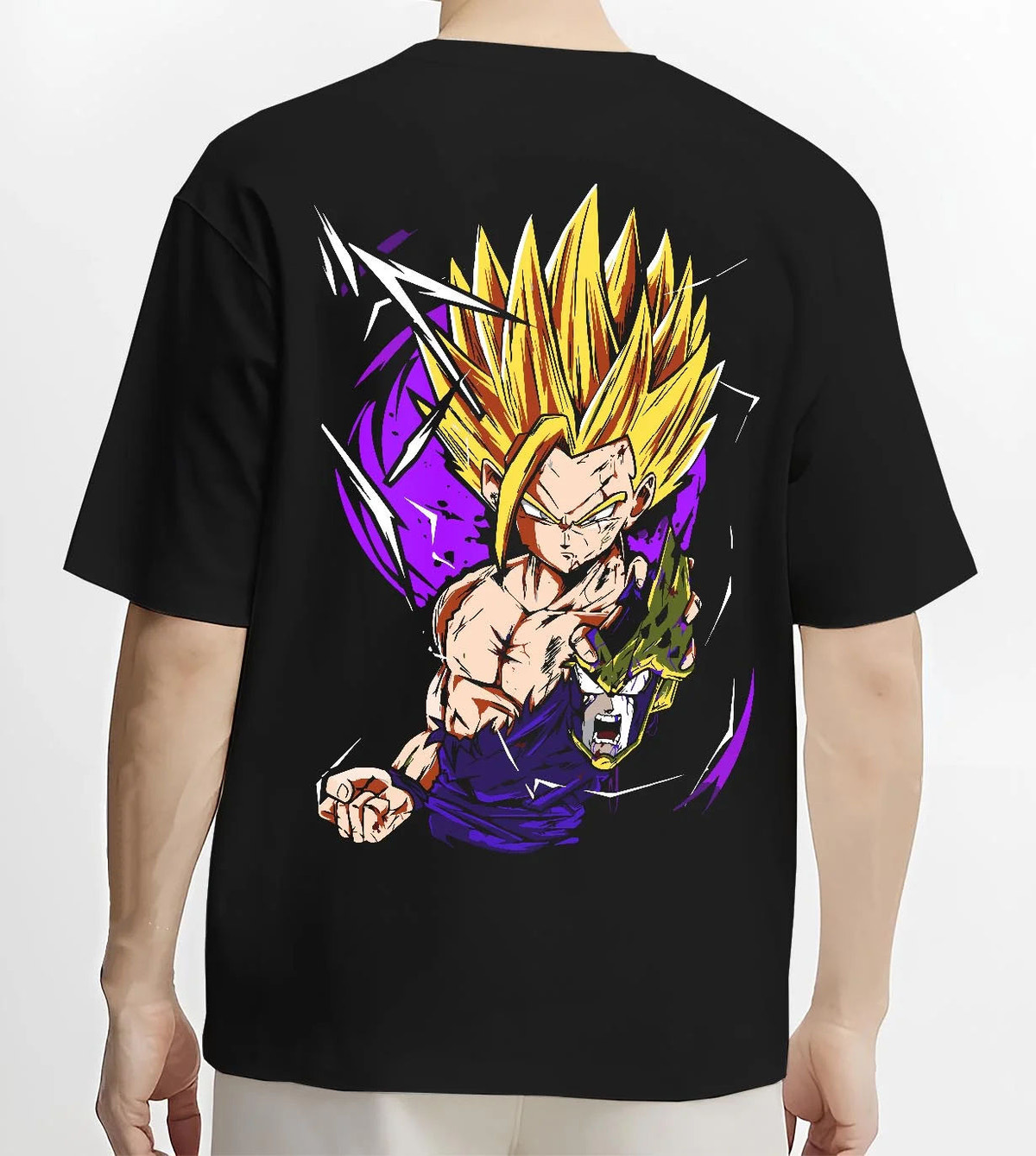 Black T-shirt worn by male model from the back featuring Gohan Super Saiyan 2 Cell Saga artwork.