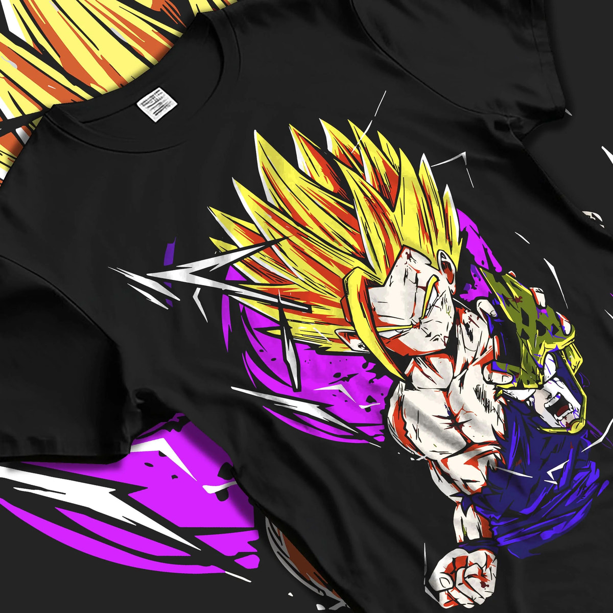 Black T-shirt laid flat with natural folds featuring Gohan Super Saiyan 2 Cell Saga artwork.